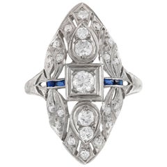 1930s Dinner Filigree Ring in Leaf Setting with Diamonds and Sapphires