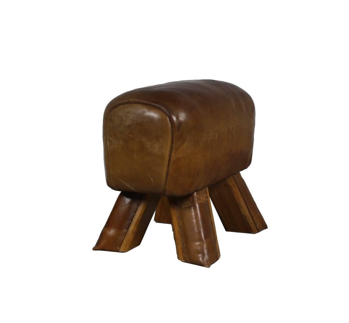 Vintage leather gym stool from the 1930s, leather legs. It is in its very good original condition.