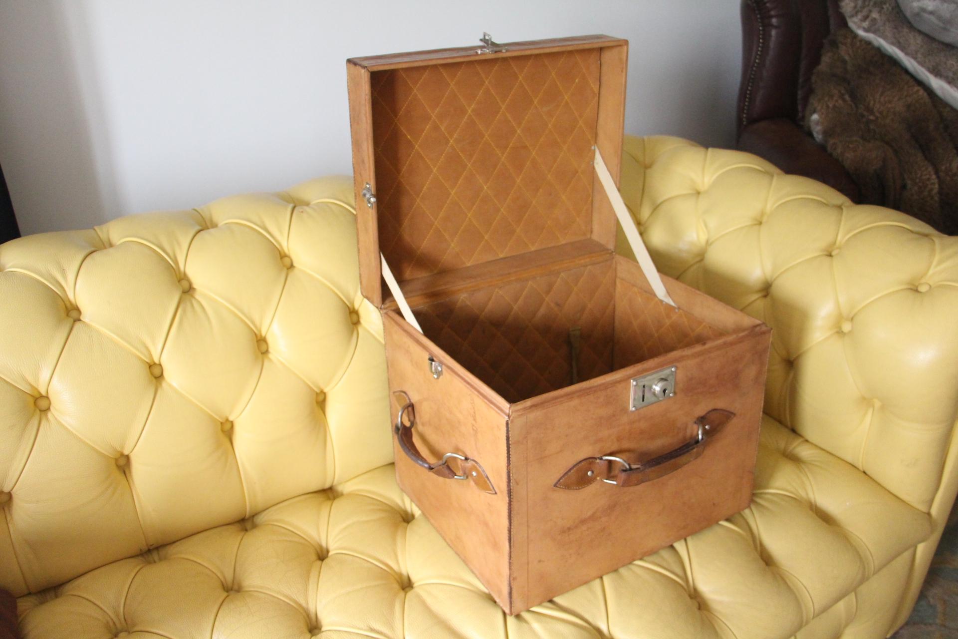 1930's Leather Hat Trunk, Cube Shape Trunk, Steamer Trunk, Travel Trunk For Sale 5