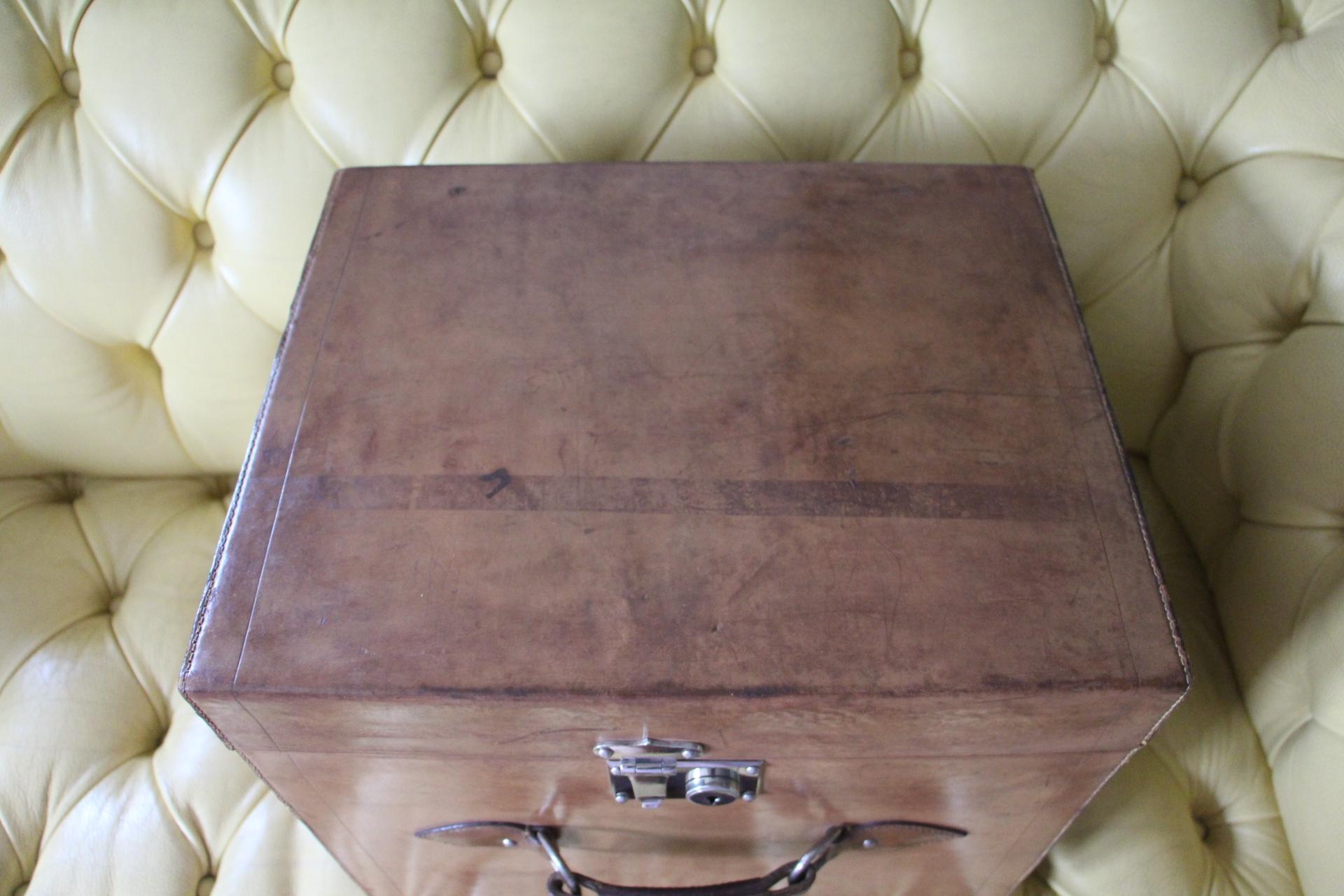 Art Deco 1930's Leather Hat Trunk, Cube Shape Trunk, Steamer Trunk, Travel Trunk For Sale