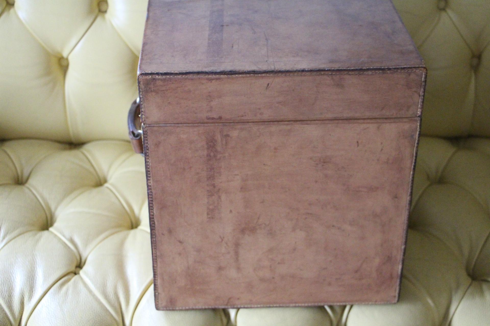 French 1930's Leather Hat Trunk, Cube Shape Trunk, Steamer Trunk, Travel Trunk