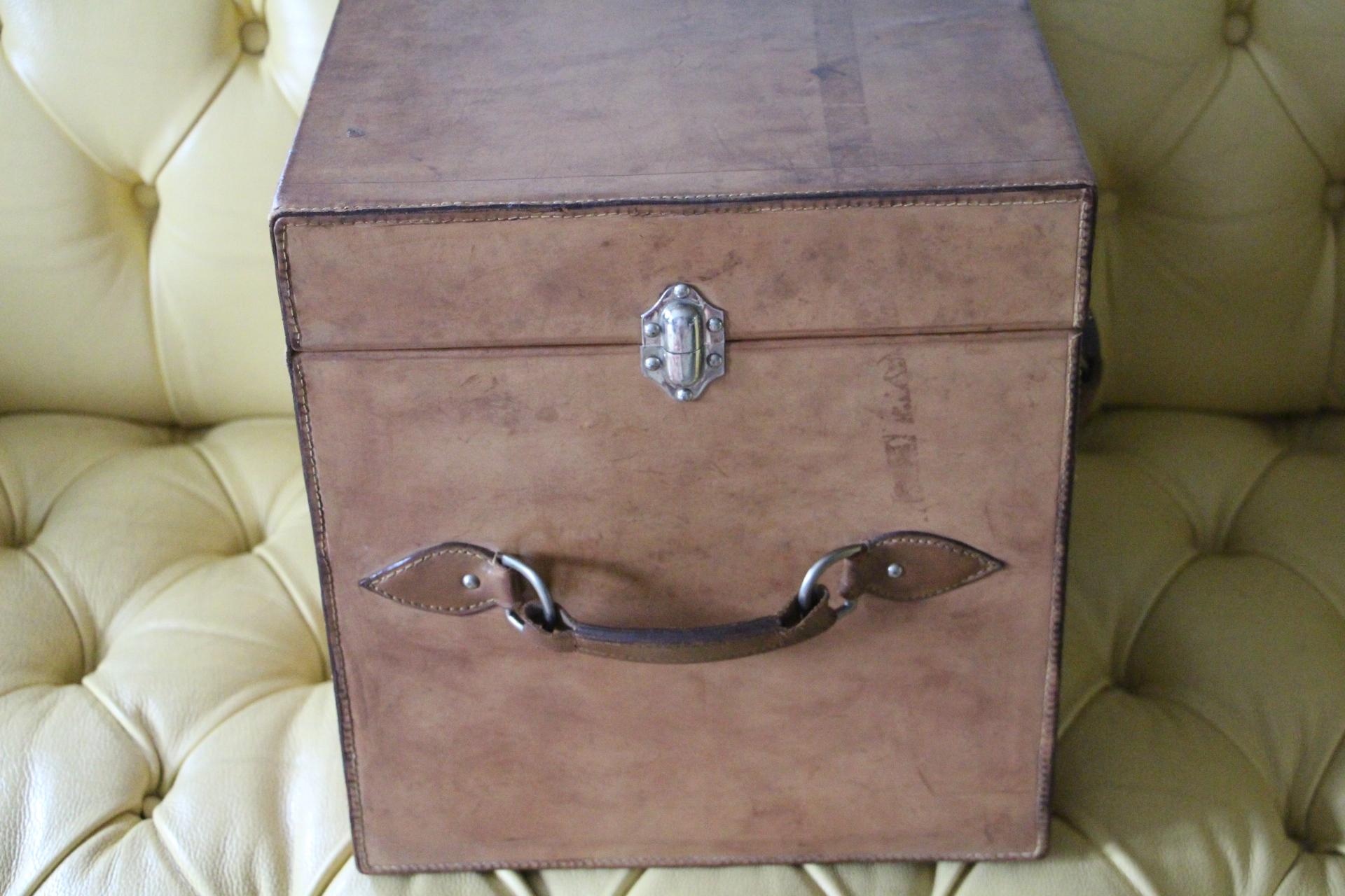 Early 20th Century 1930's Leather Hat Trunk, Cube Shape Trunk, Steamer Trunk, Travel Trunk For Sale