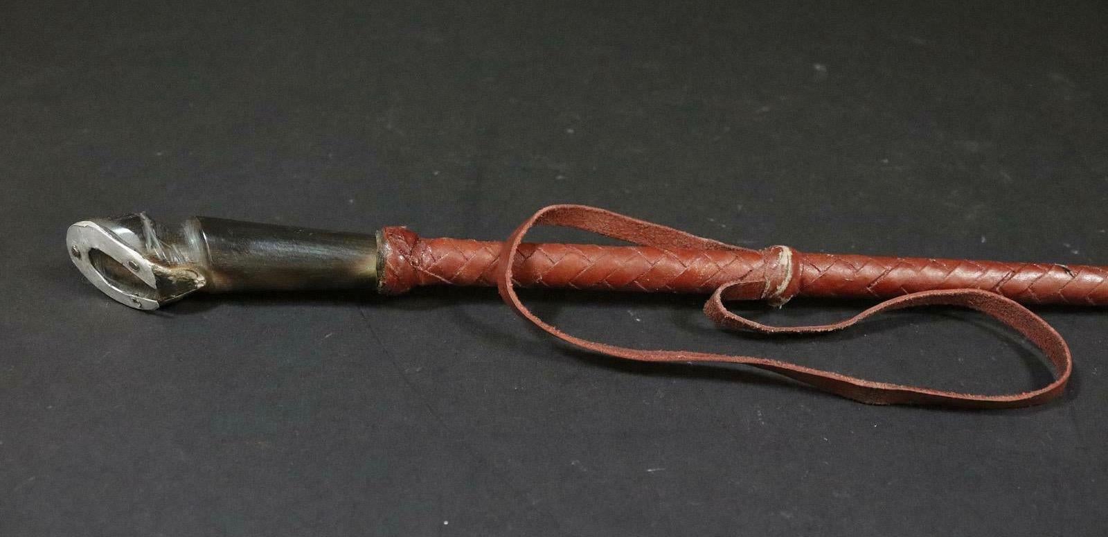 Folk Art 1930s Leather Riding Crop with Horn Hoof Handle vintage England