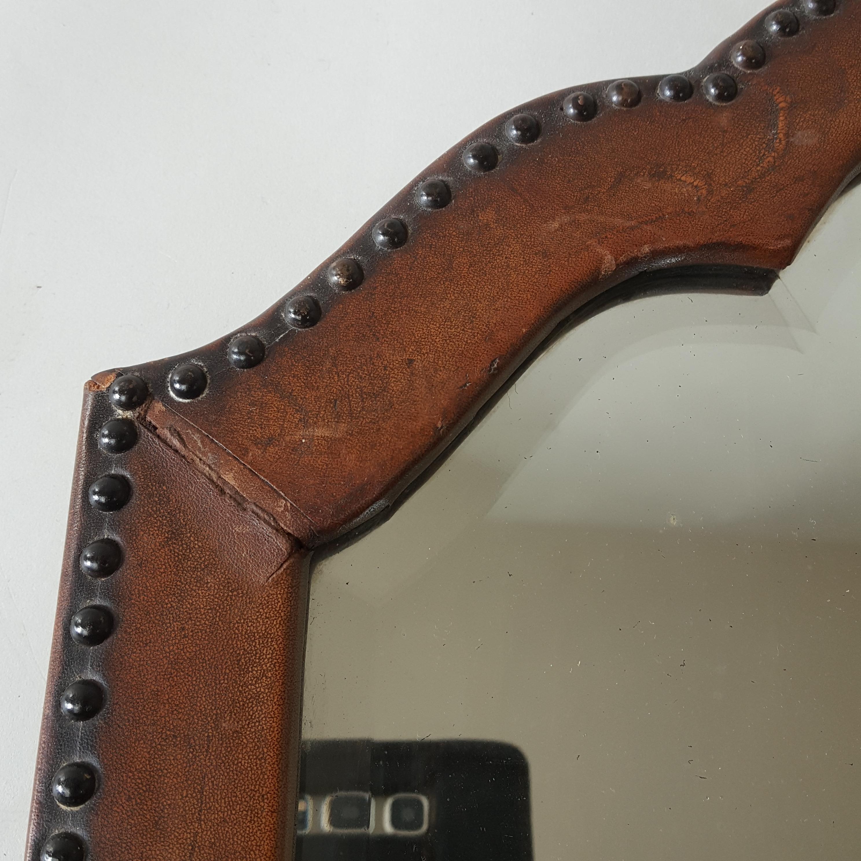 British 1930's Leather studded frame arched mirror For Sale