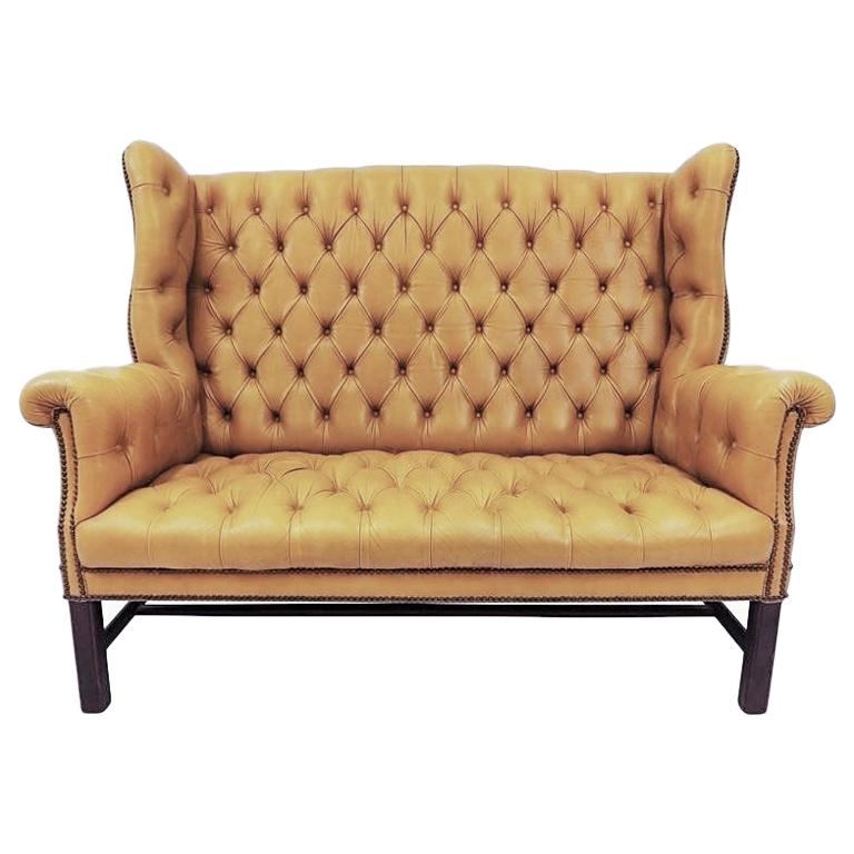 1930s Leather Tufted Wing Back Settee For Sale