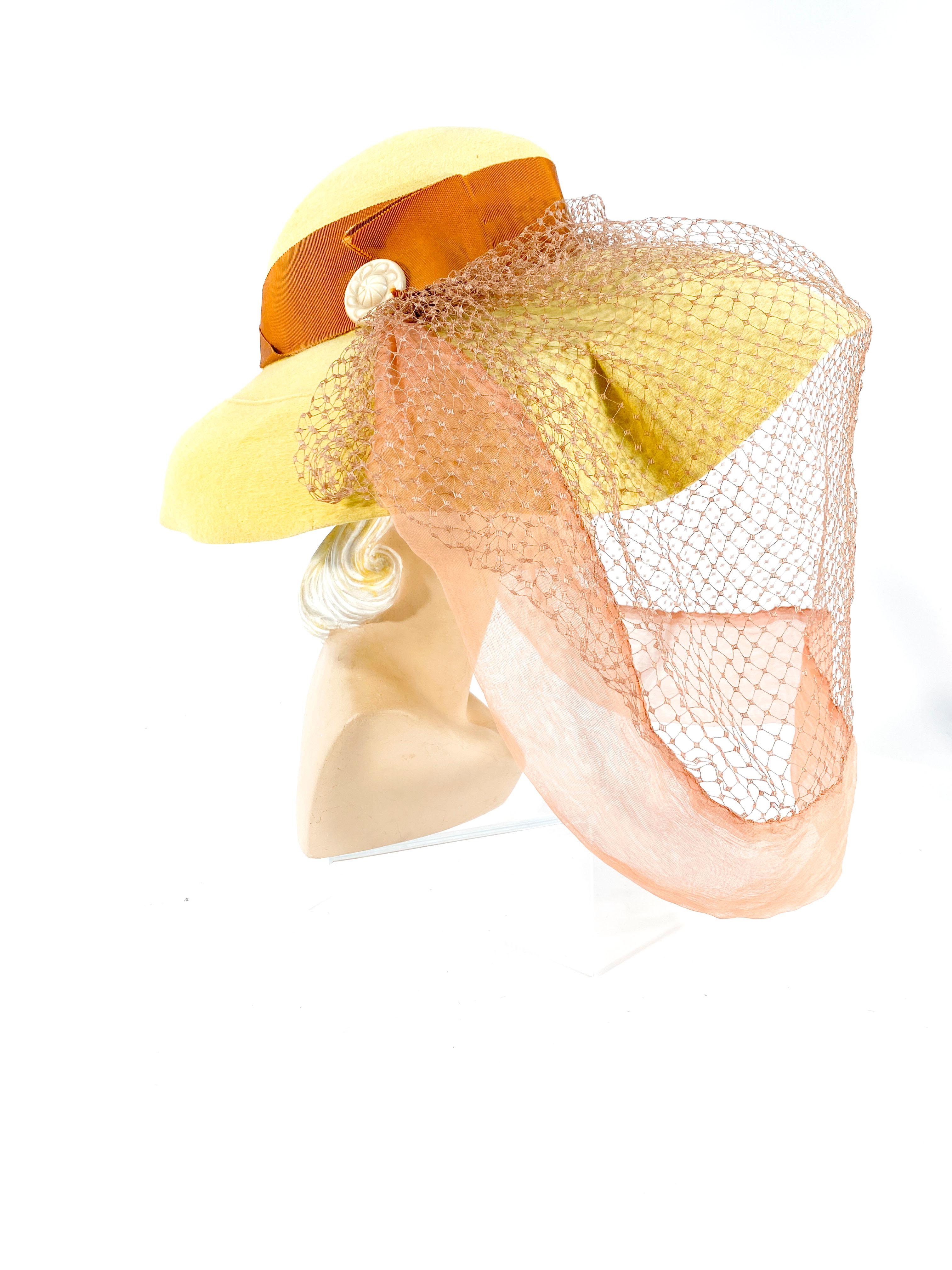 Beige 1930s Lemon Yellow Afternoon Hat with Full Veil