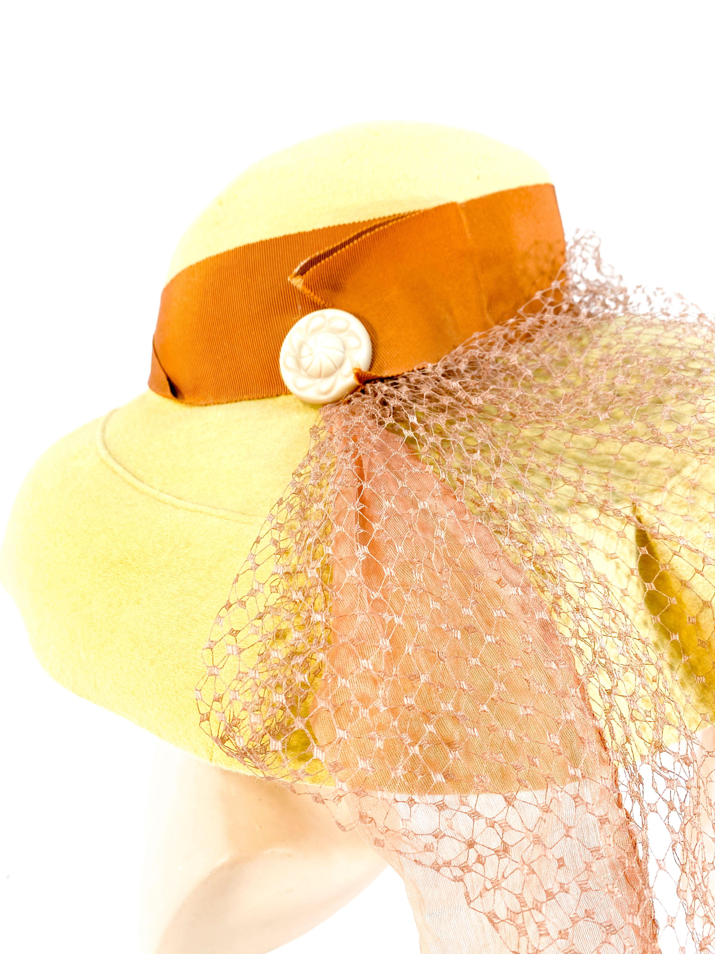 1930s Lemon Yellow Afternoon Hat with Full Veil In Good Condition In San Francisco, CA