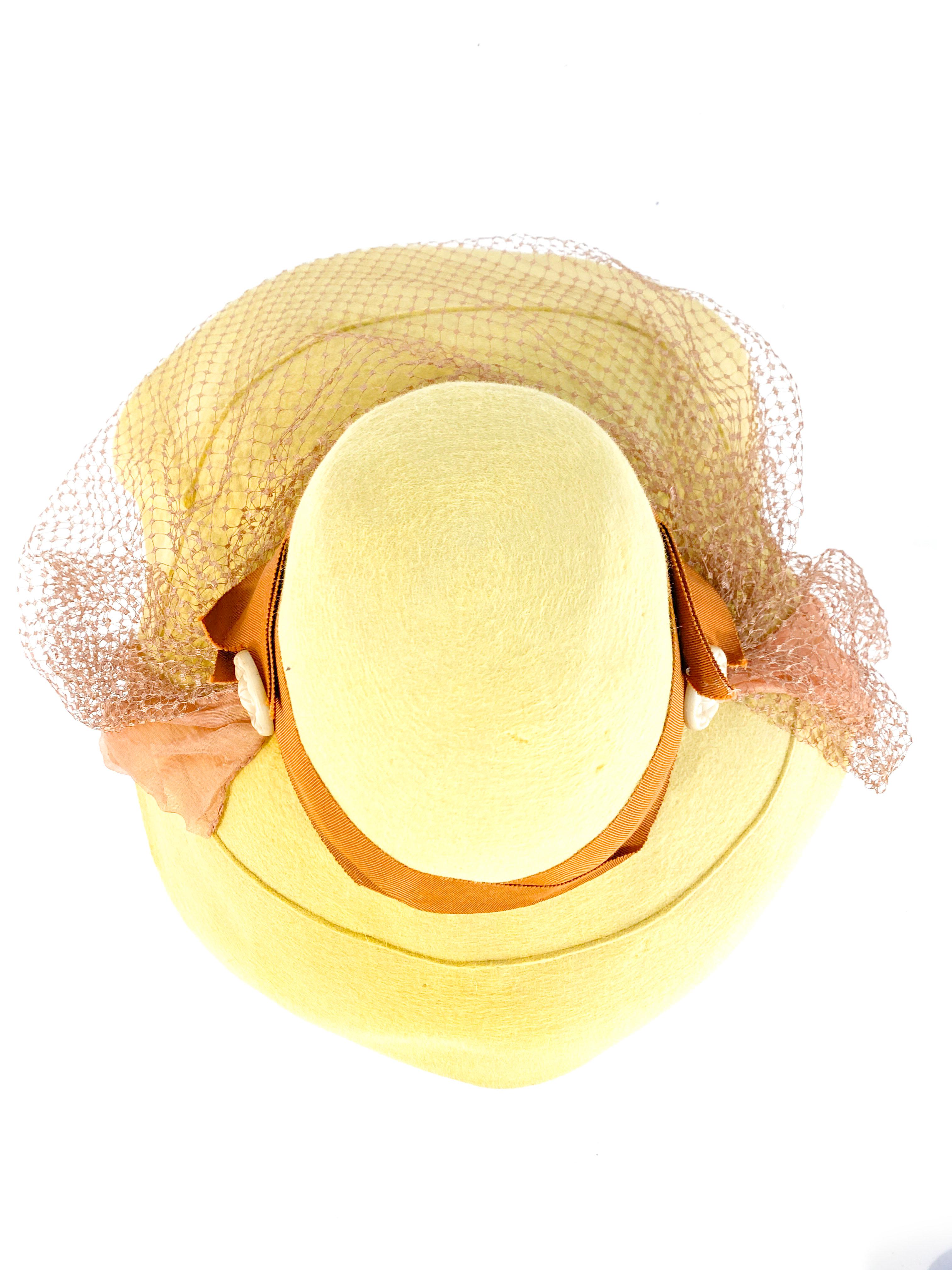 1930s Lemon Yellow Afternoon Hat with Full Veil 1