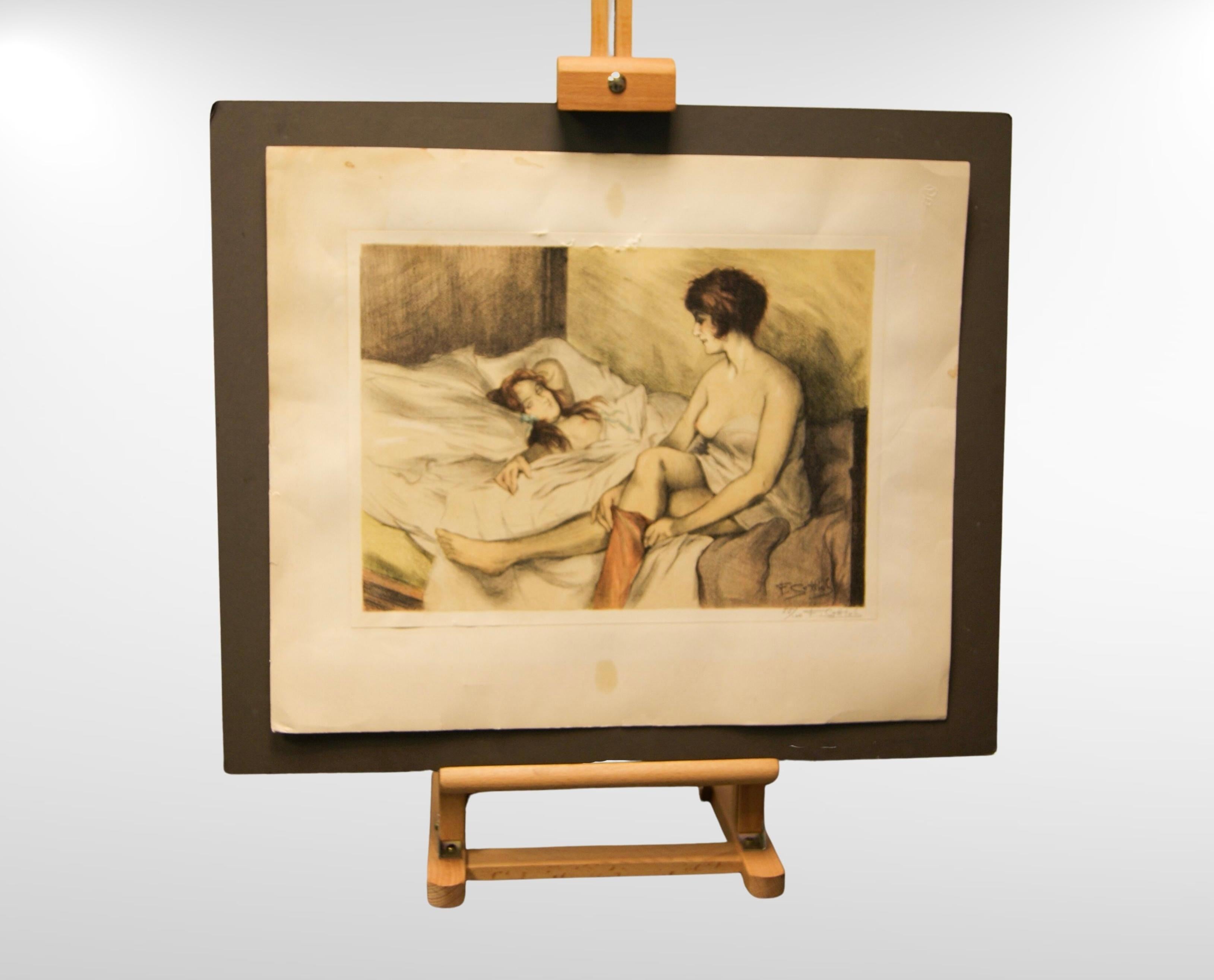 1930s Nude Lesbian Art, Colour Lithograph 55/100 Artist Signed.
Lithographie en couleurs représentant un couple de lesbiennes semi-nues dans un cadre intime.
Très séduisant.
Épreuve lithographique en couleurs sur papier d'artiste, montée sur un