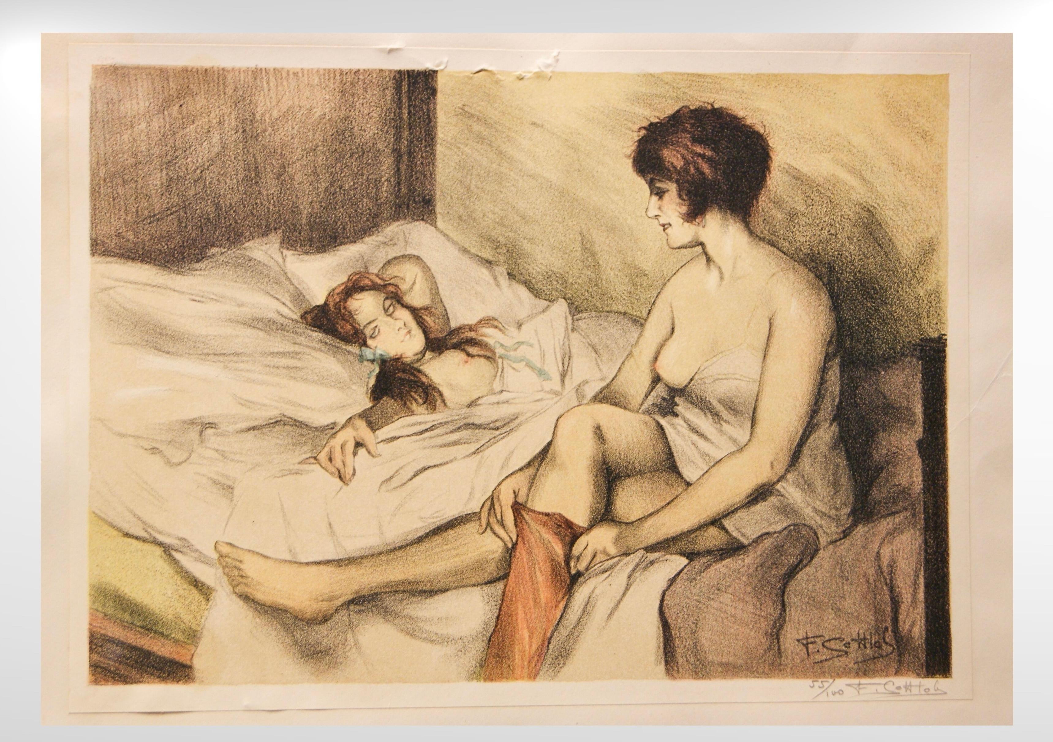 Art Nouveau 1930s Lesbian Couple Semi Nude, Colour Lithograph on Paper 55/100 Artist Signed For Sale
