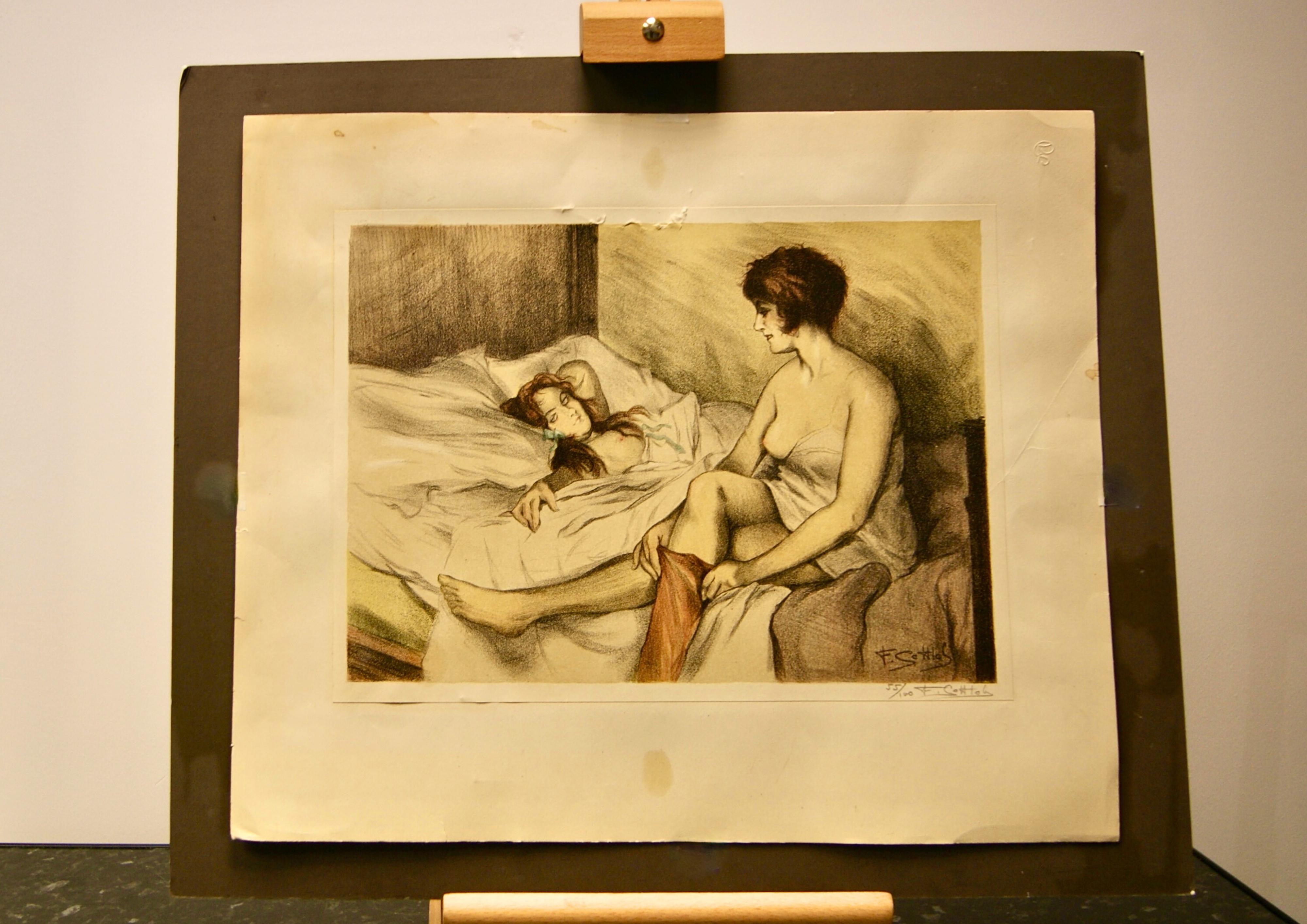 French 1930s Lesbian Couple Semi Nude, Colour Lithograph on Paper 55/100 Artist Signed For Sale