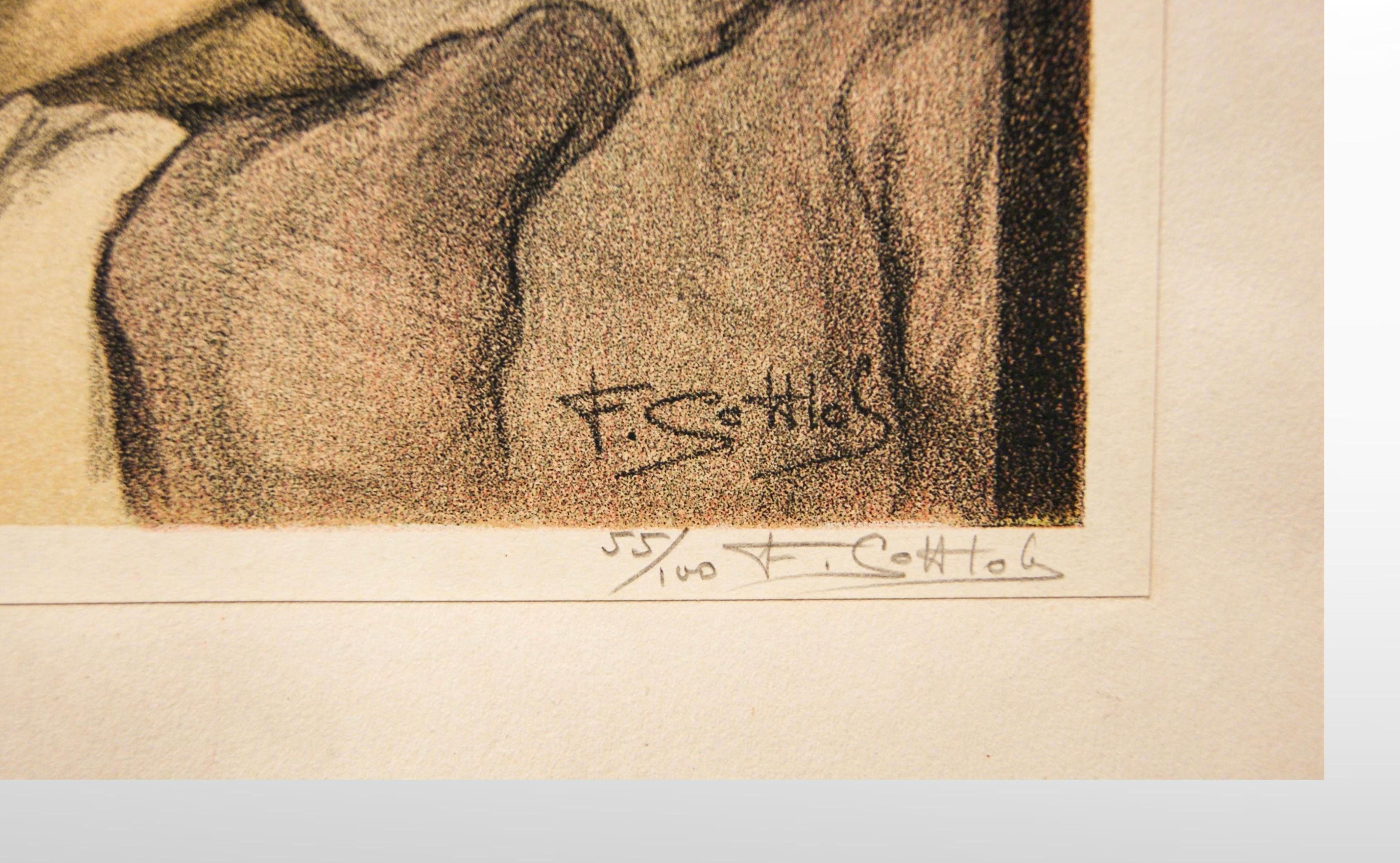 20ième siècle Lithographie couleur nue bisexuelle des années 1930, signée par l'artiste 55/100 en vente