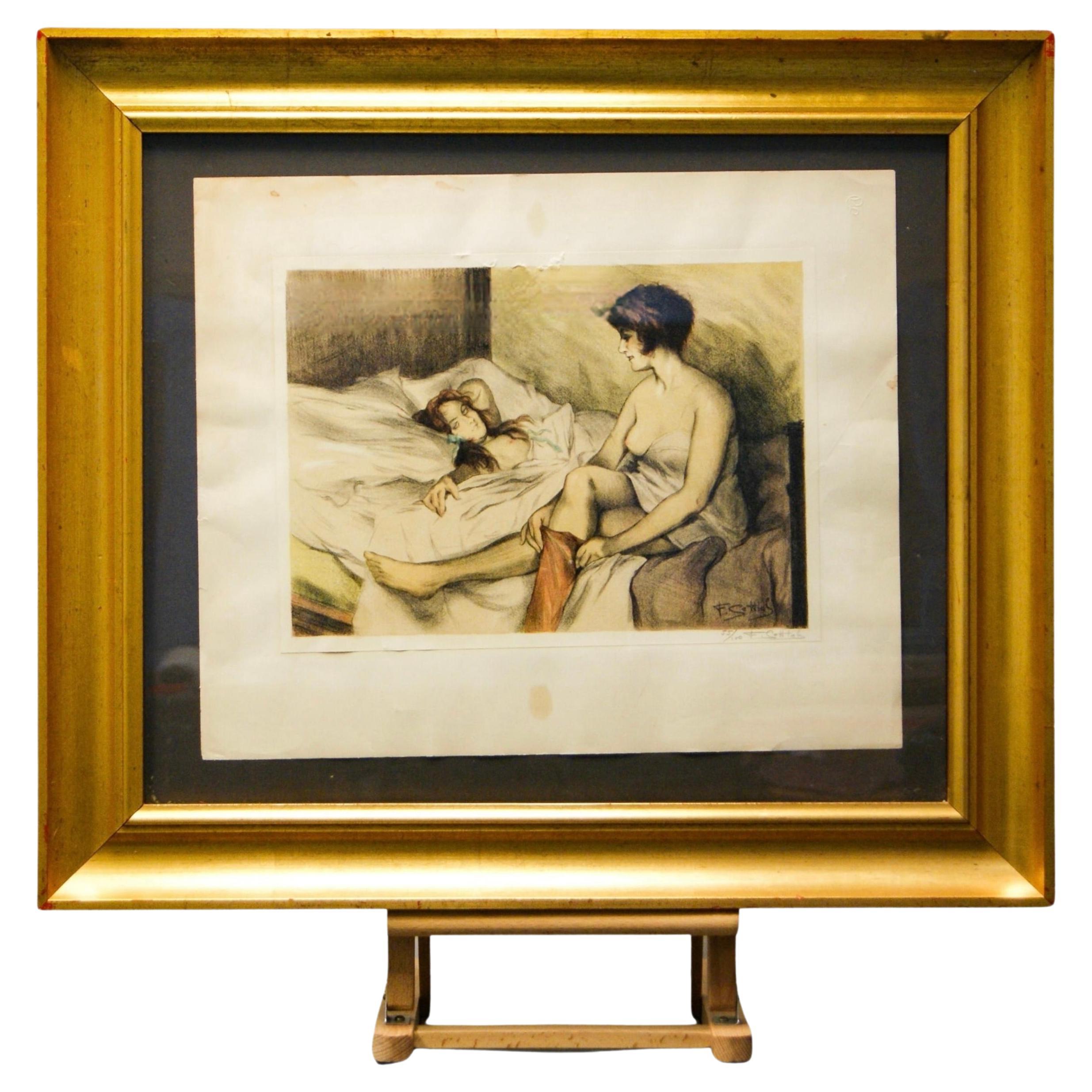 1930s Lesbian Couple Semi Nude, Colour Lithograph on Paper 55/100 Artist Signed For Sale