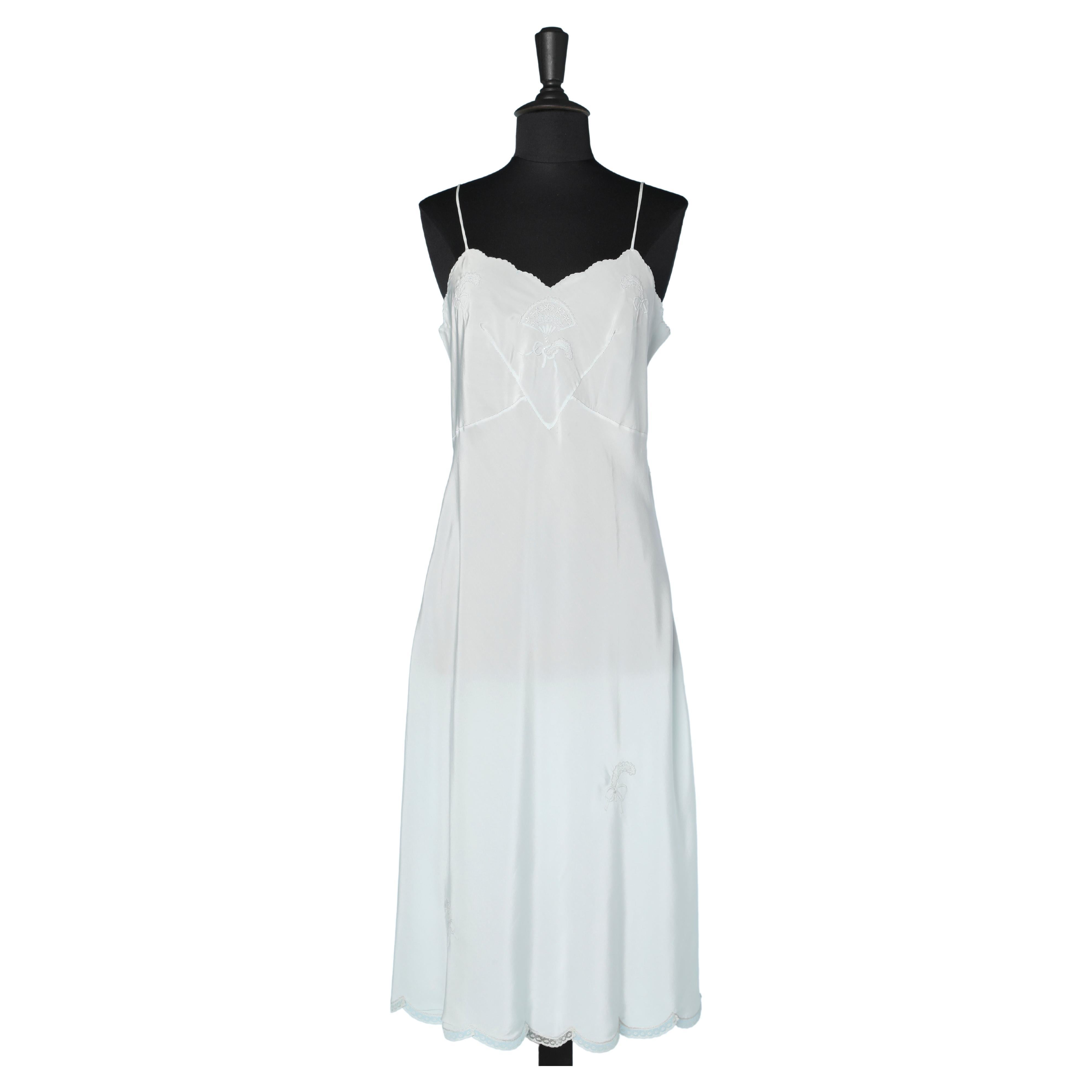 1930's Light blue silk slip-dress with fan-shape and feathers hand embroideries  For Sale