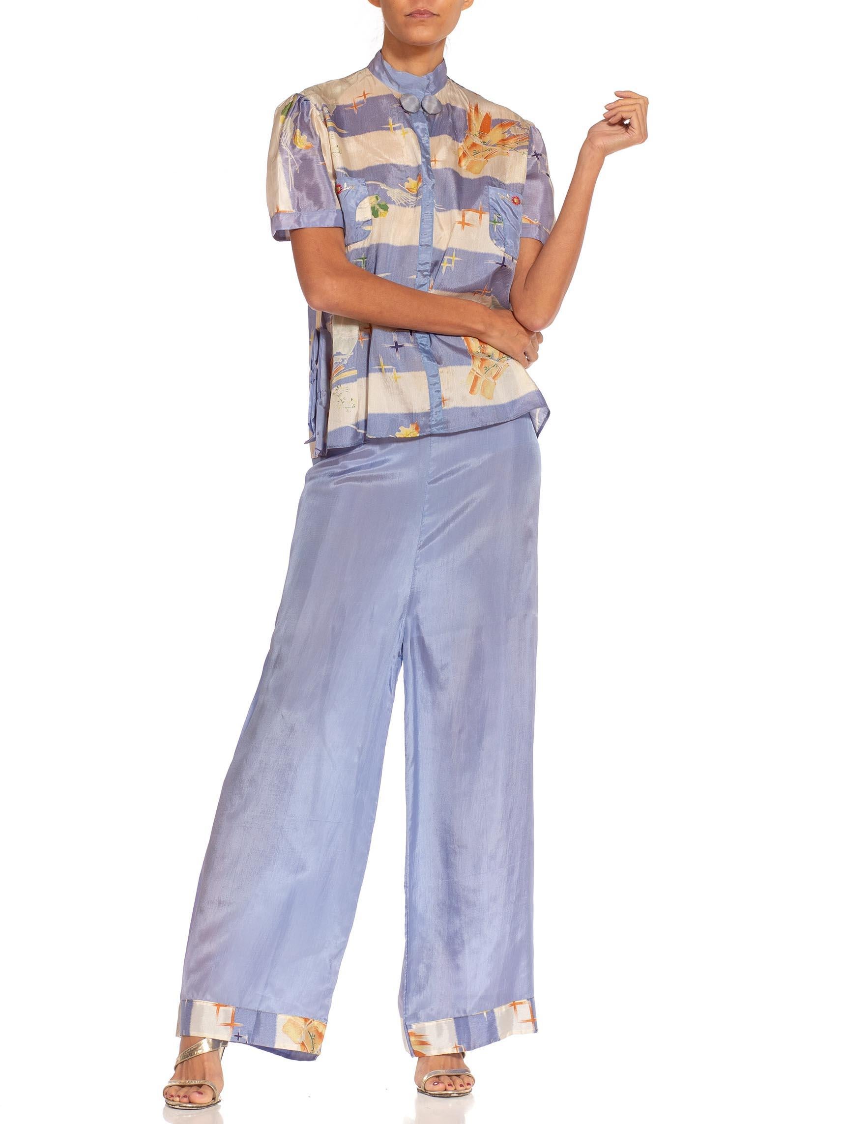 Women's 1930S Light Blue & White Rayon Deadstock Beach  Pajamas Ensemble