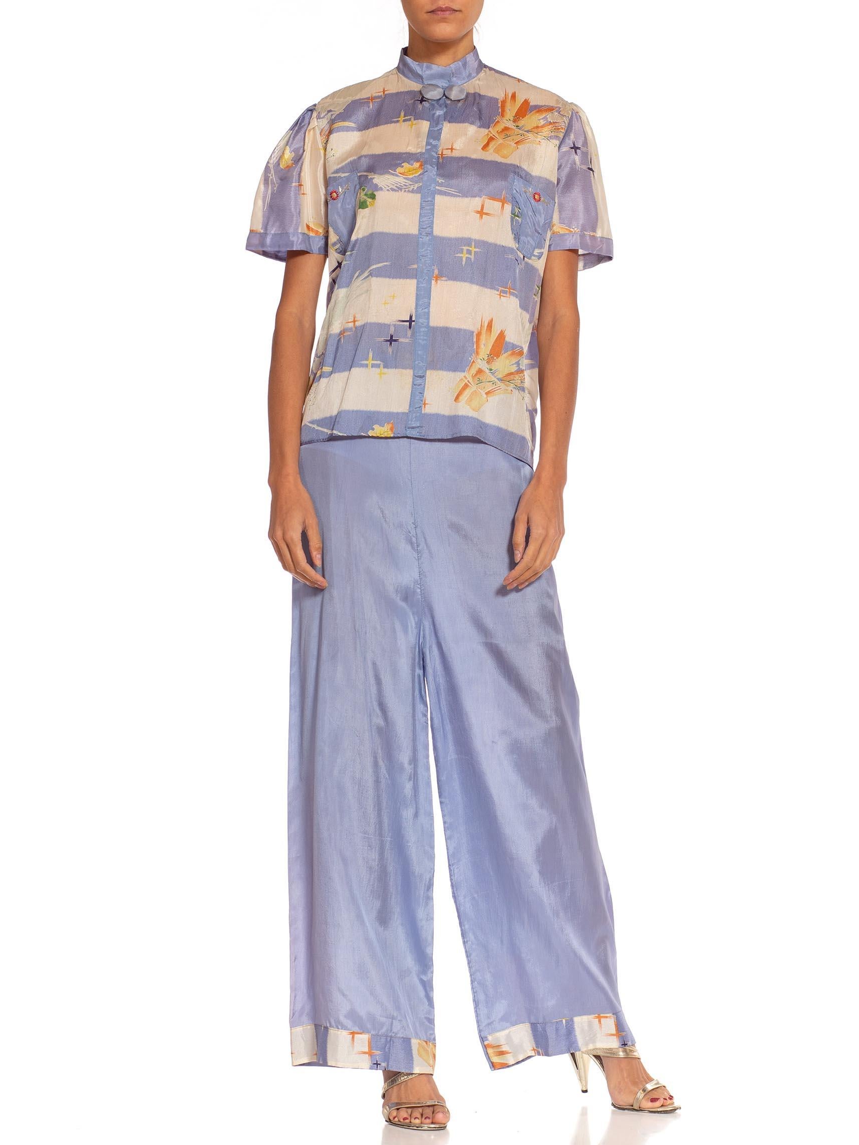 1930S Light Blue & White Rayon Deadstock Beach  Pajamas Ensemble 1