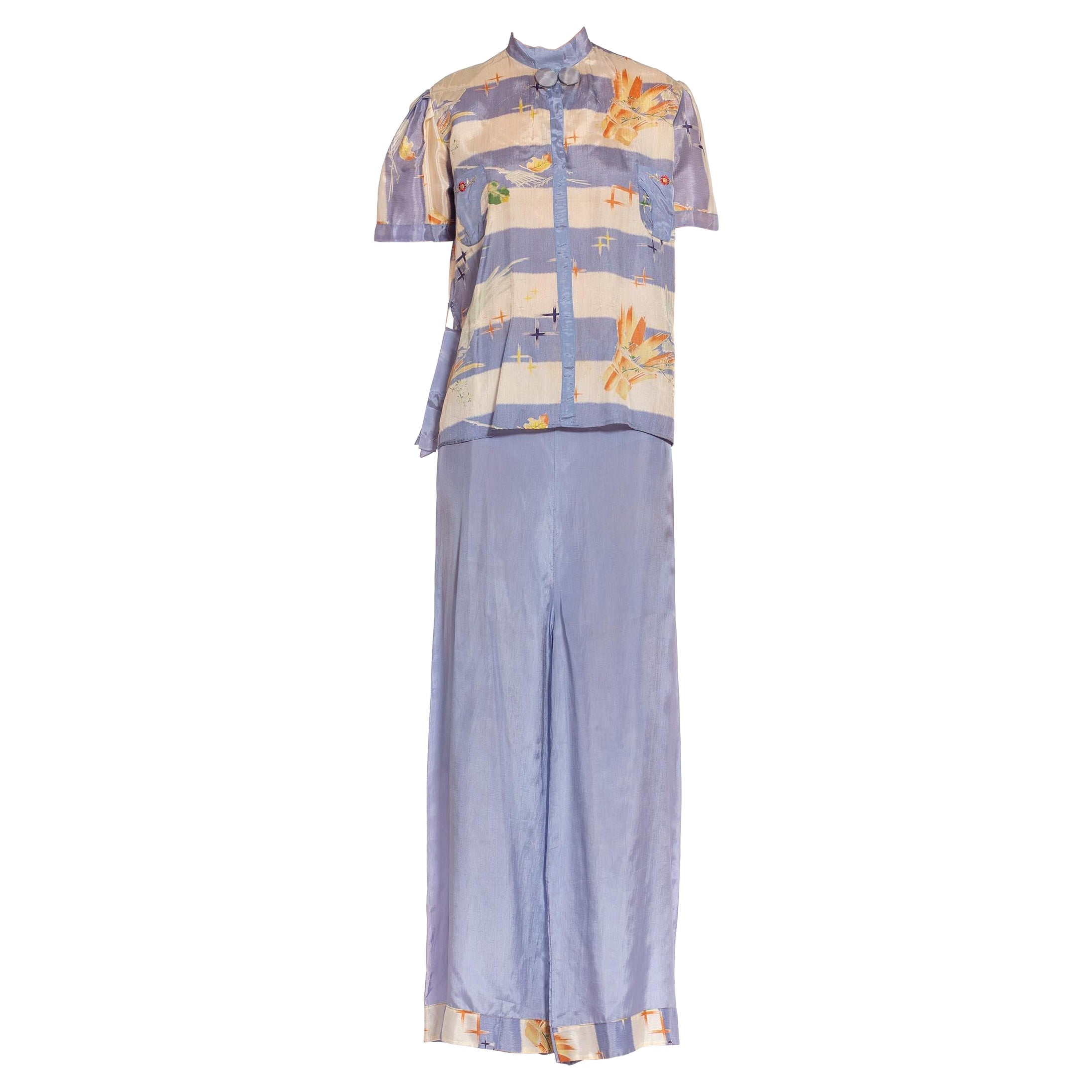 1930S Light Blue 
White Rayon Deadstock Beach  Pajamas Ensemble