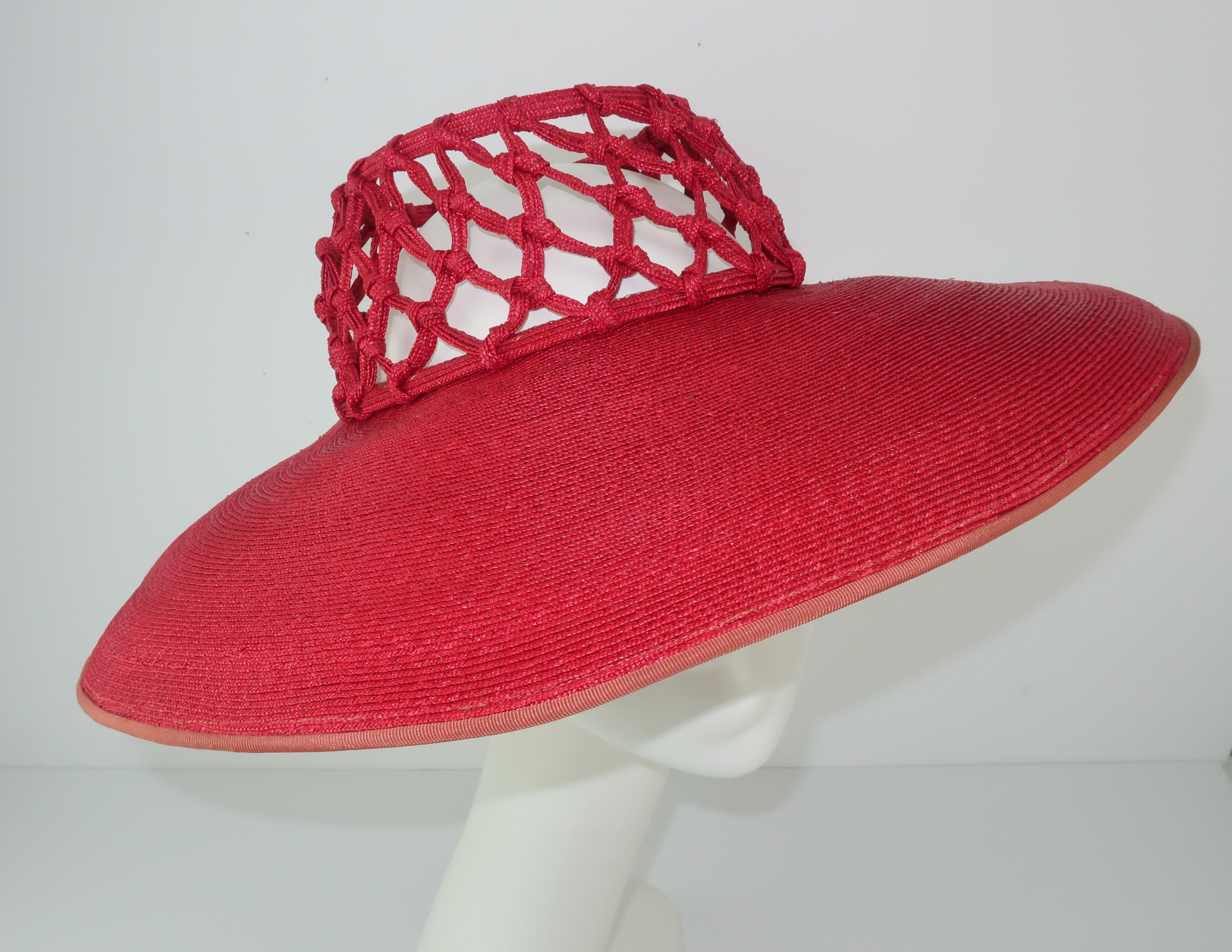 1930's Lipstick Red Wide Brim Straw Hat With Cage Crown 5