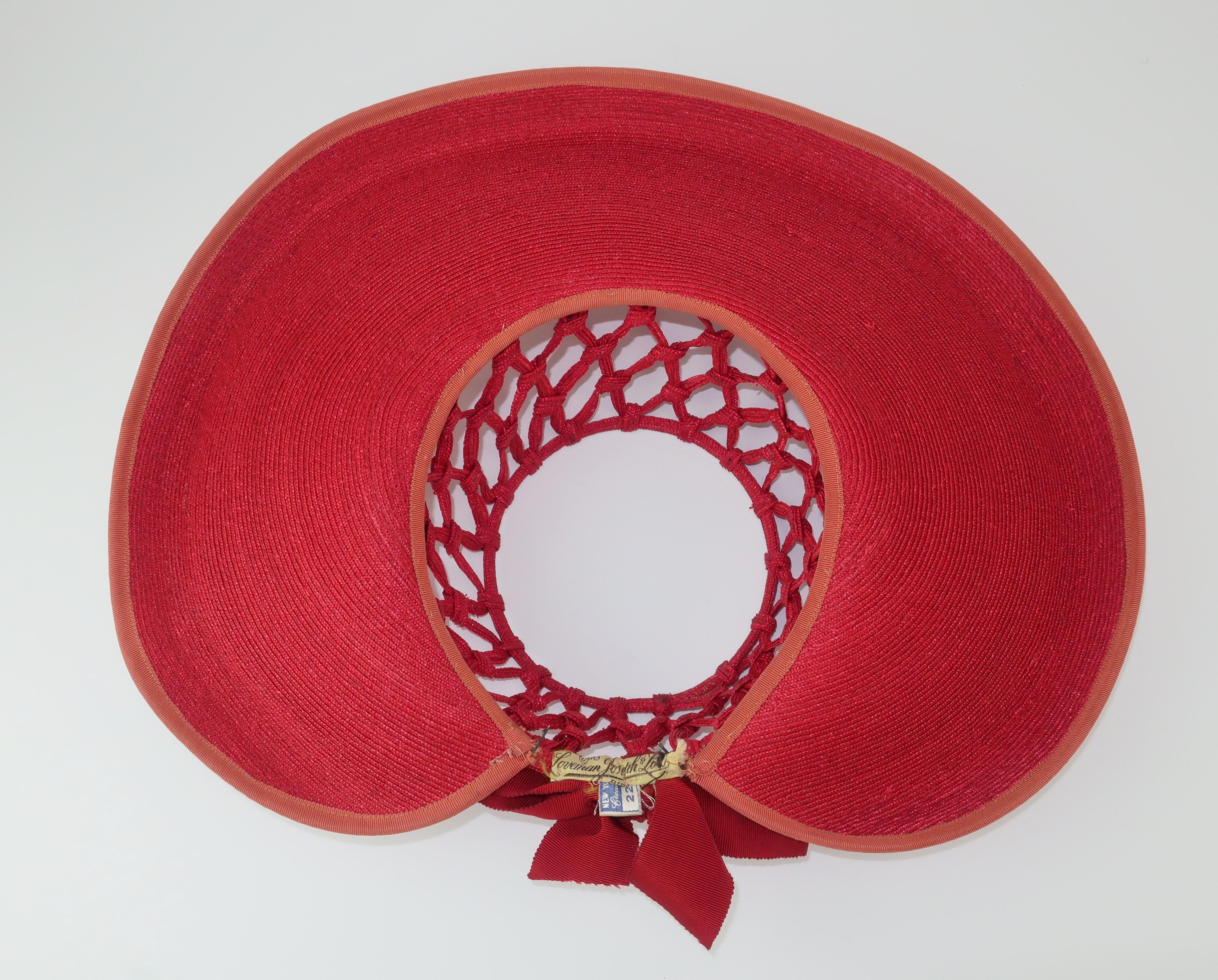 1930's Lipstick Red Wide Brim Straw Hat With Cage Crown 6