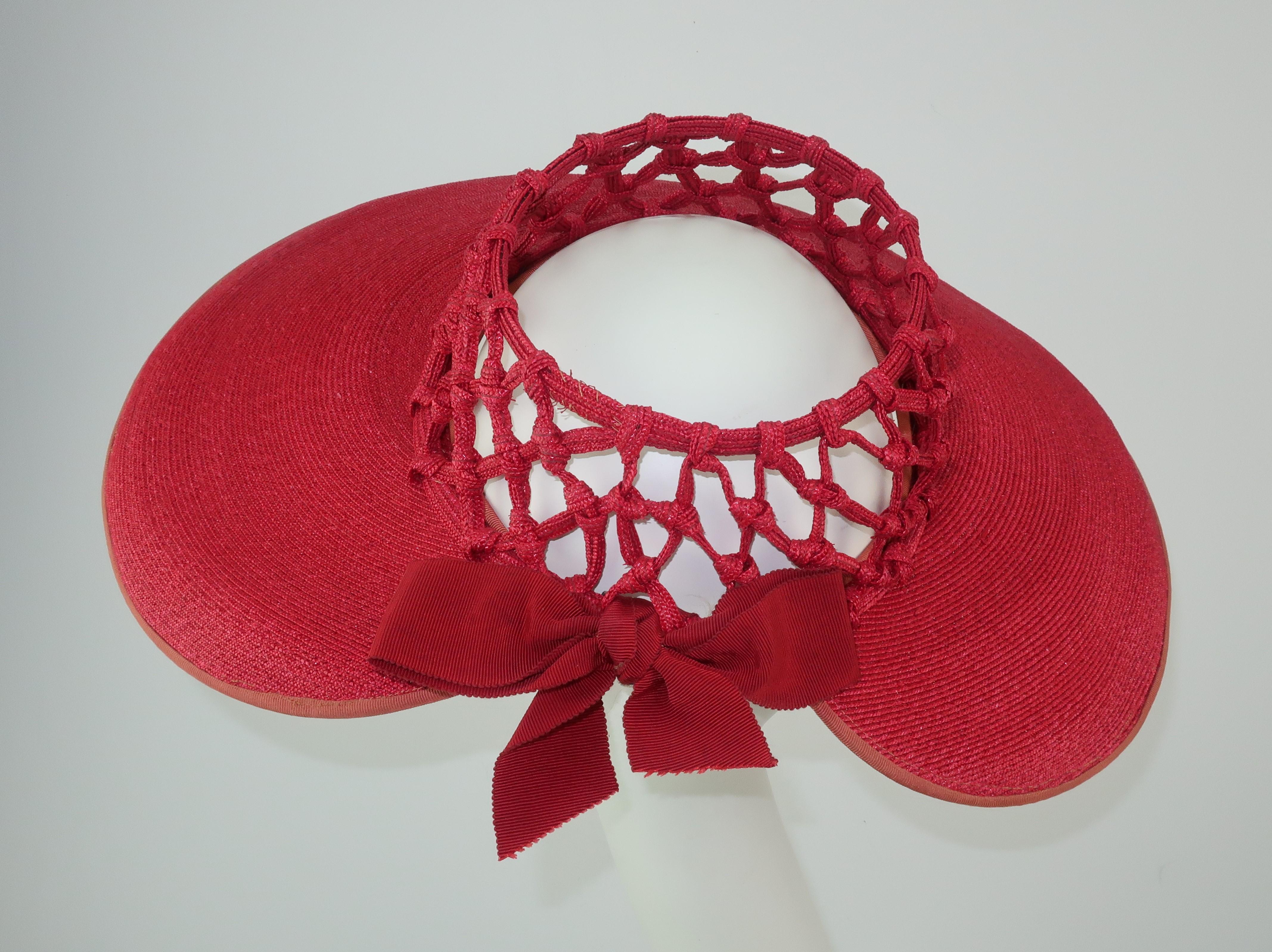 1930's Lipstick Red Wide Brim Straw Hat With Cage Crown In Good Condition In Atlanta, GA