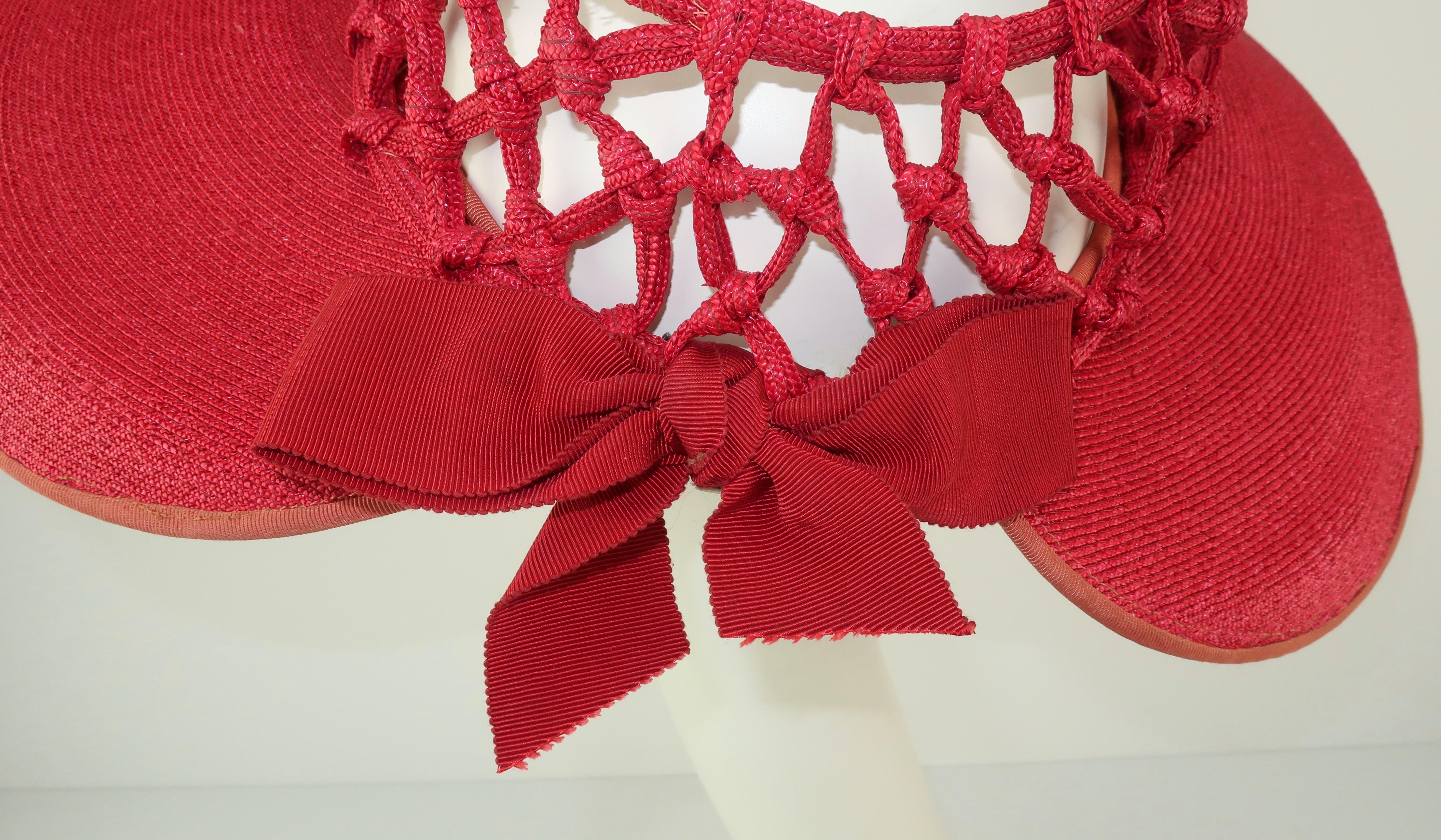 Women's 1930's Lipstick Red Wide Brim Straw Hat With Cage Crown