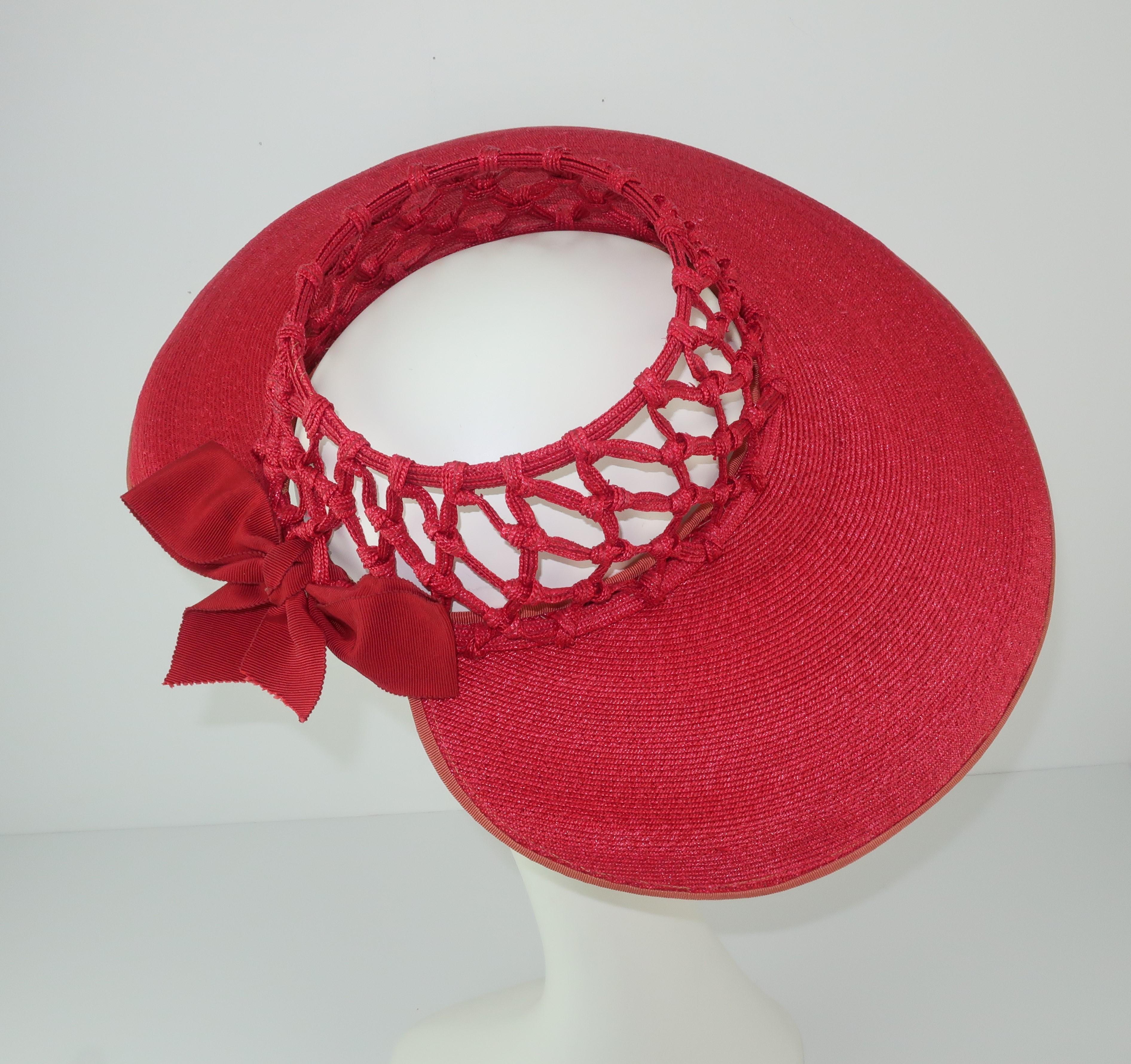 1930's Lipstick Red Wide Brim Straw Hat With Cage Crown 1