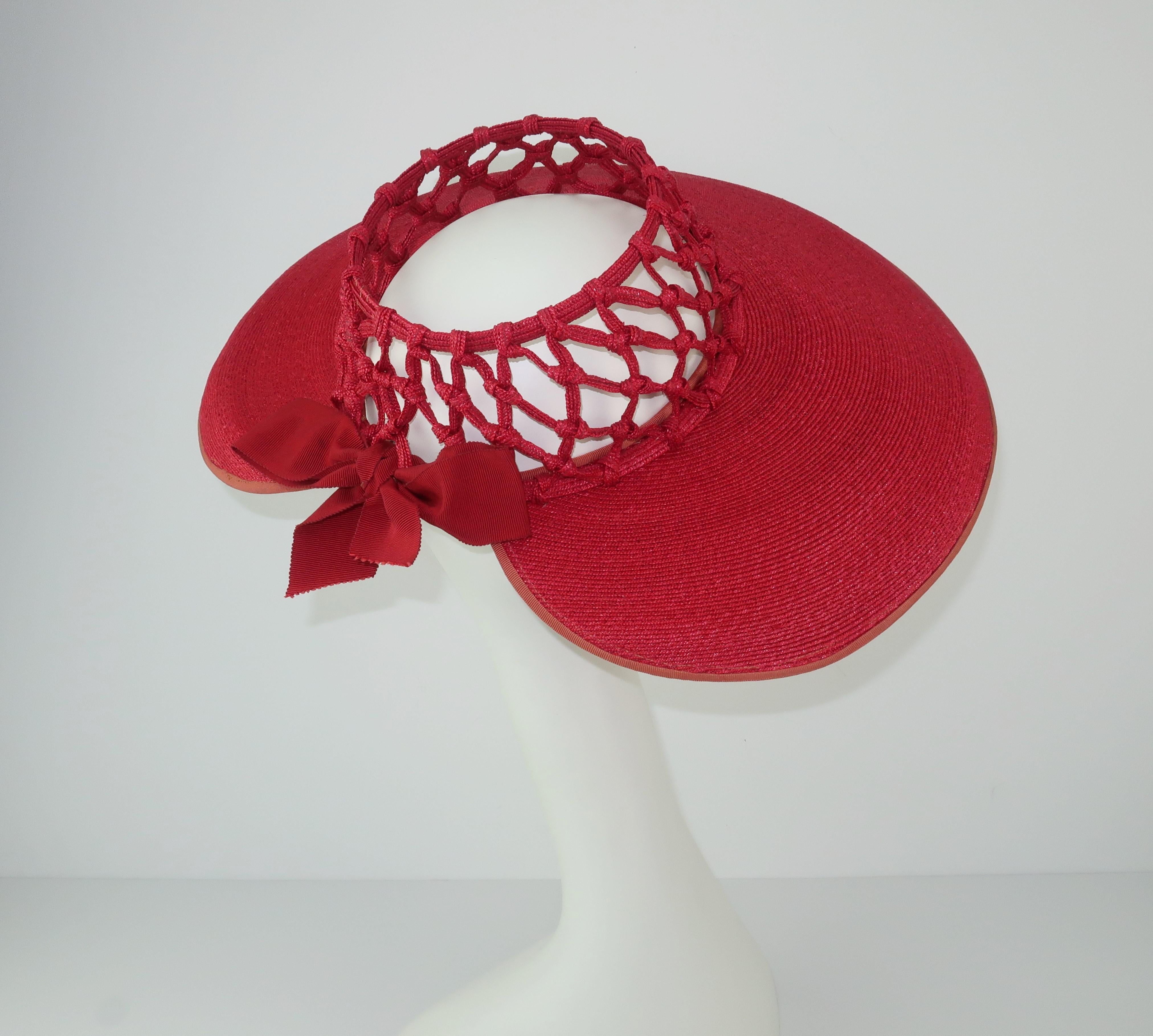 1930's Lipstick Red Wide Brim Straw Hat With Cage Crown 2
