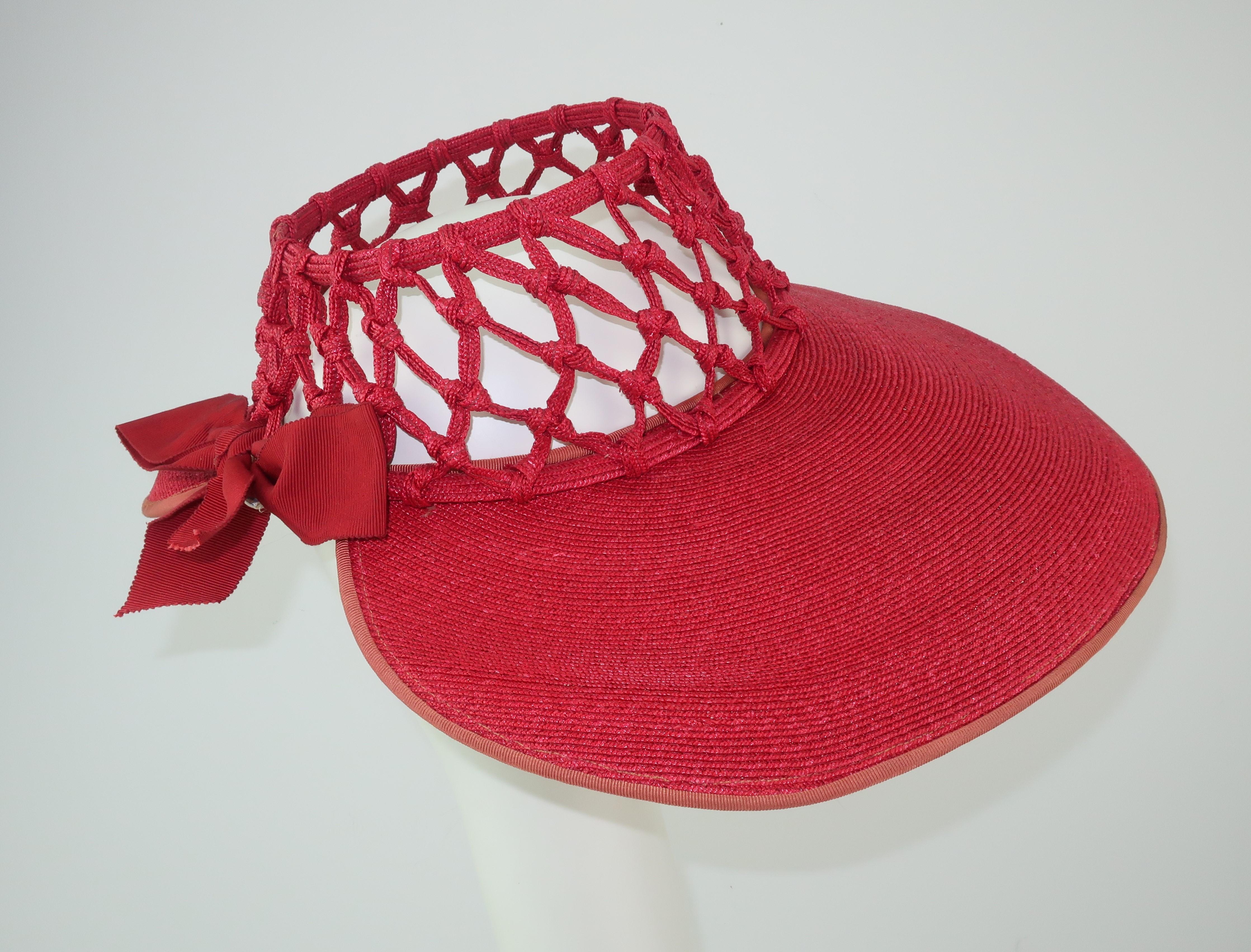1930's Lipstick Red Wide Brim Straw Hat With Cage Crown 3