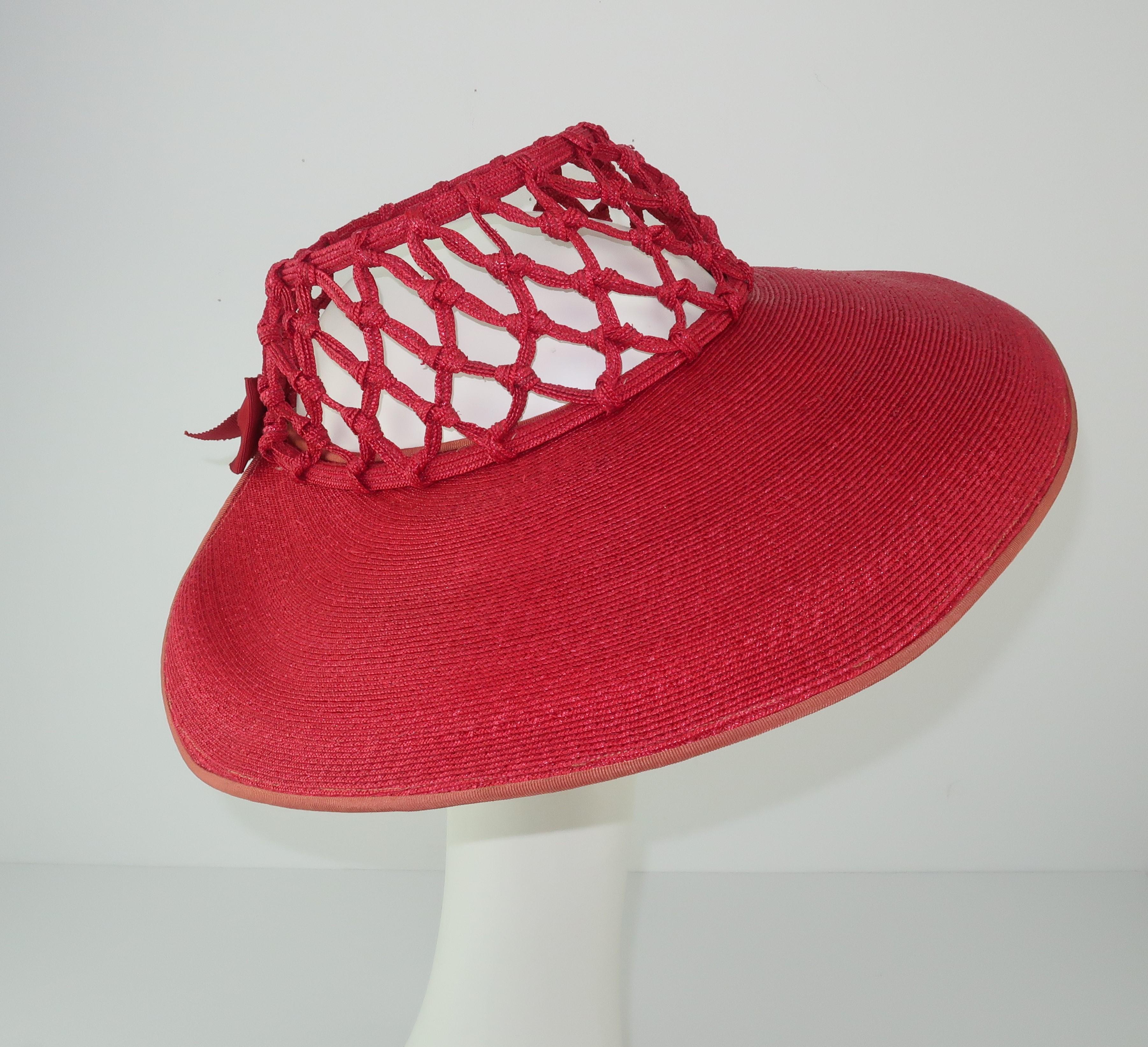 1930's Lipstick Red Wide Brim Straw Hat With Cage Crown 4