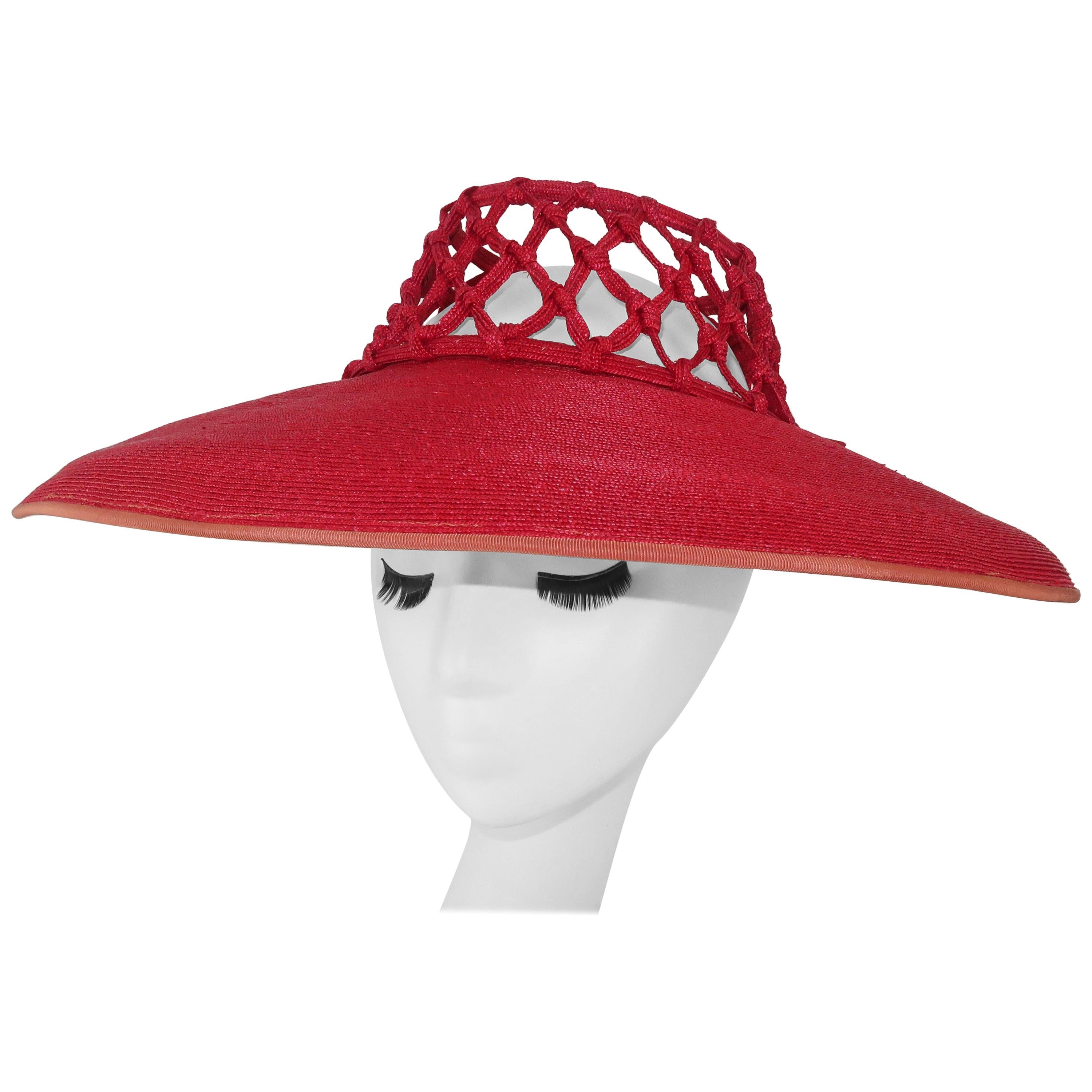 1930's Lipstick Red Wide Brim Straw Hat With Cage Crown
