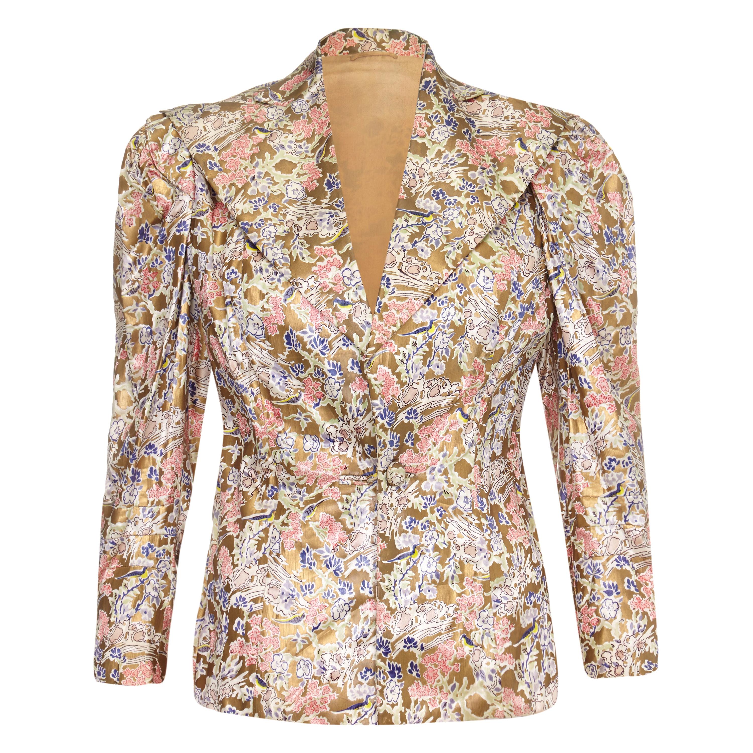 1930s Liquid Gold Floral Painted Silk Jacket With Wide Lapel 