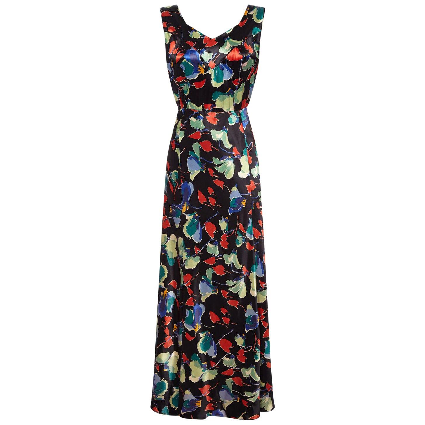 1930s Liquid Satin Floral Pattern Bias Cut Dress For Sale at 1stDibs