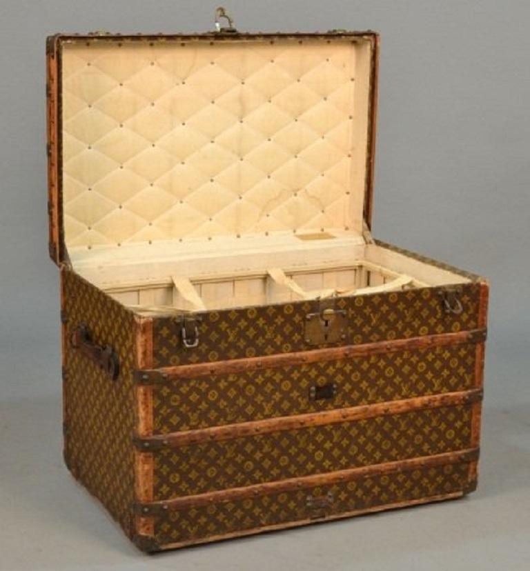 1930s Louis Vuitton monogram steamer trunk. The exterior of the trunk has the classic LV monogram, wood and leather trimming with solid brass hardware. Interior is lined with it's original fabric and fitted with a basket.