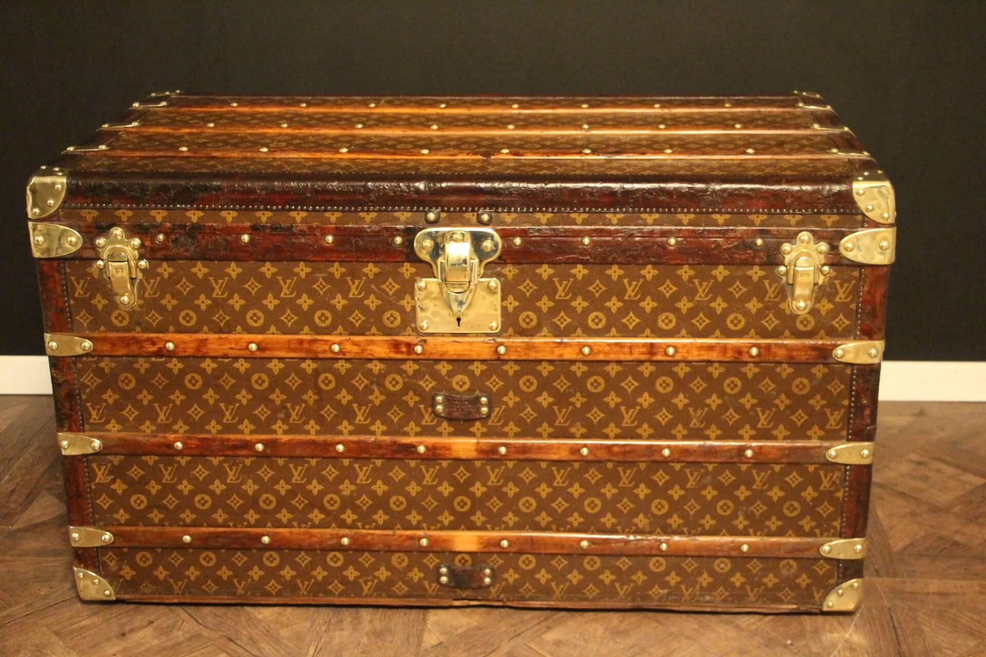 Superb Louis Vuitton steamer trunk featuring stenciled canvas, all leather trim in deep chocolate color, solid brass Louis Vuitton stamped clasps ,lock and studs, solid brass corners and solid brass LV stamped side handles.
Customized painted