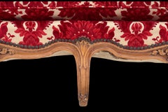 1930s Louis XV Style French Carved Settee In Cut Red Velvet W/ Down Cushion