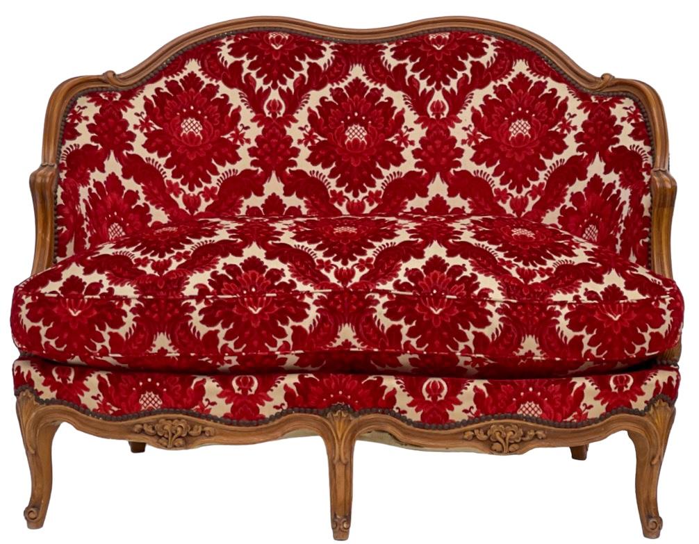 20th Century 1930s Louis XV Style French Carved Settee In Cut Red Velvet W/ Down Cushion  For Sale