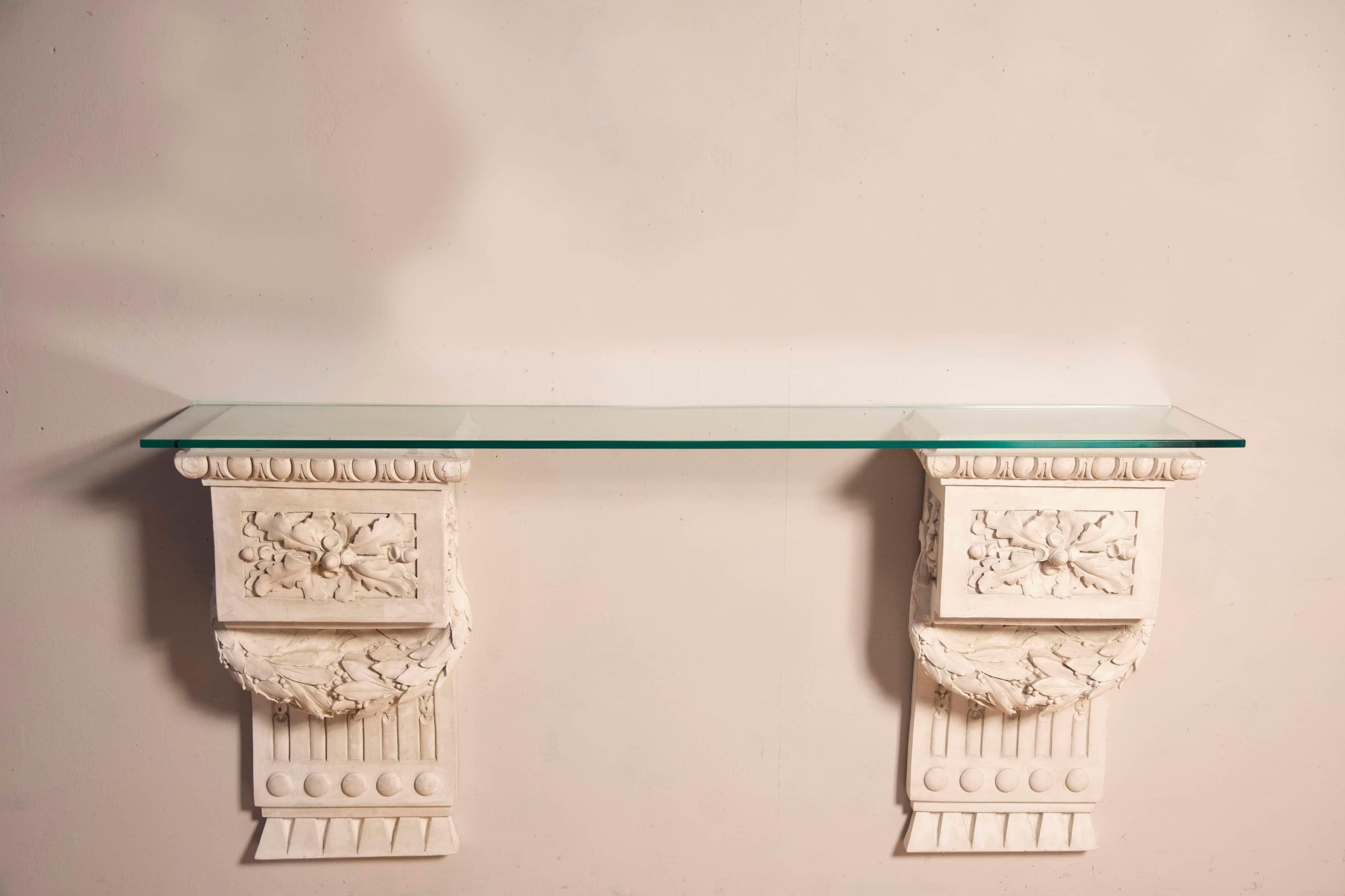 20th Century 1930s Louis XVI style White Plaster Friezes Console Table Top Glass For Sale