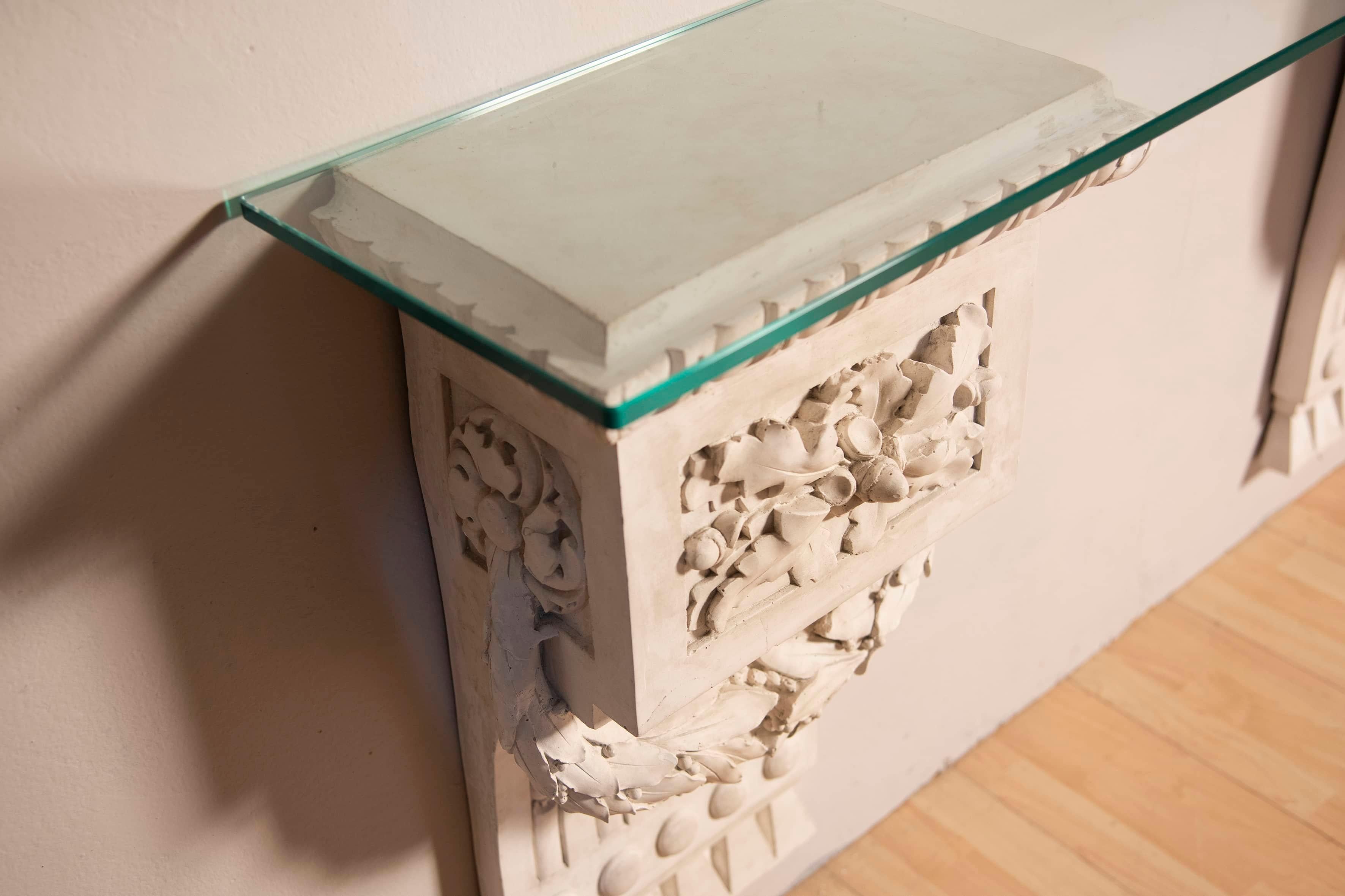 1930s Louis XVI style White Plaster Friezes Console Table Top Glass For Sale 1