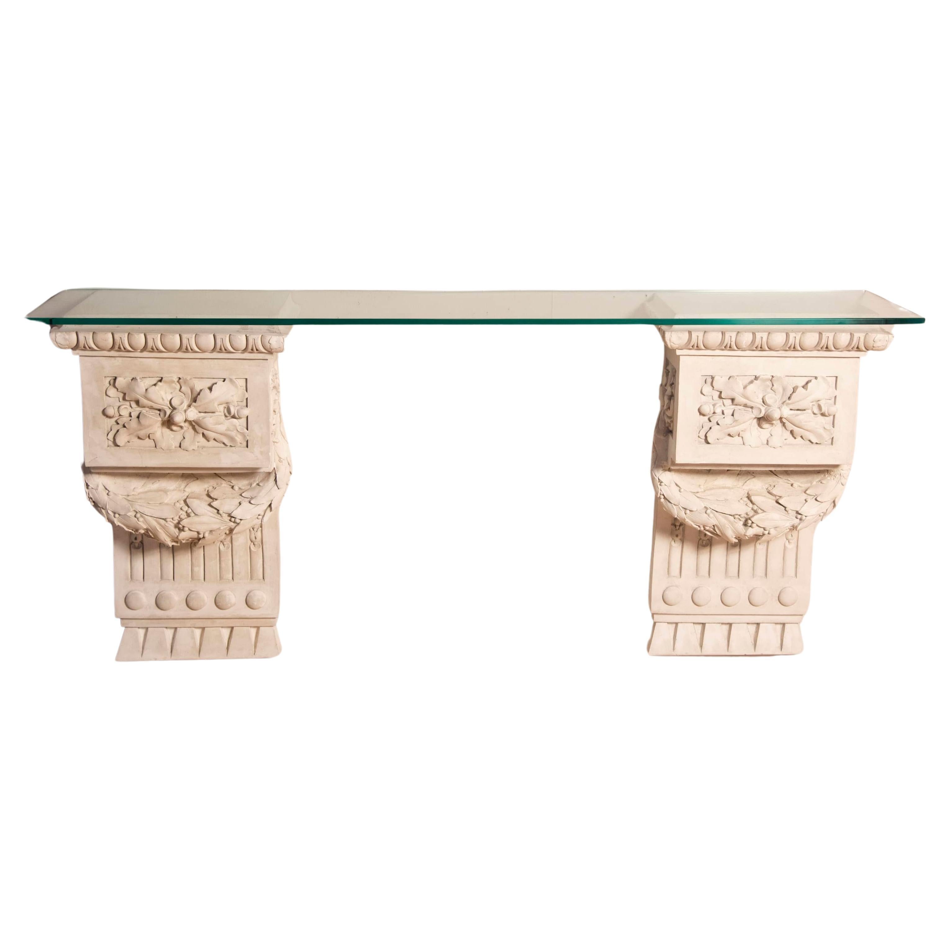 1930s Louis XVI style White Plaster Friezes Console Table Top Glass For Sale