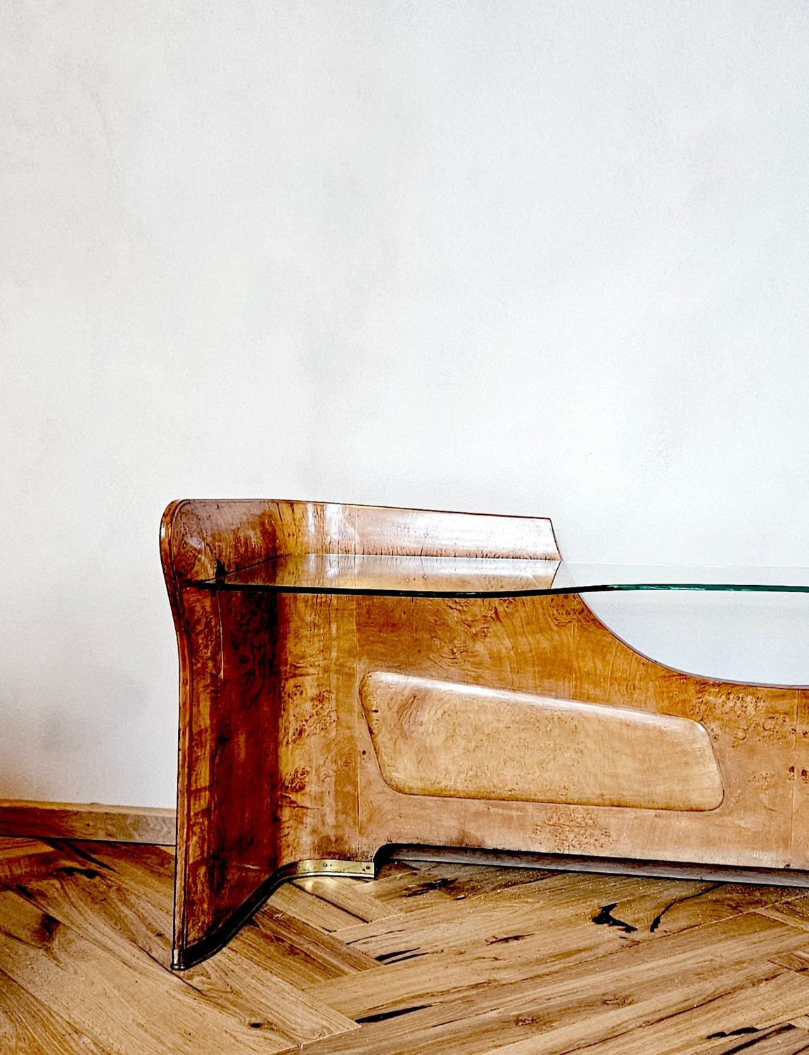 Wood 1930s Low Walnut and Glass Italian Console Table