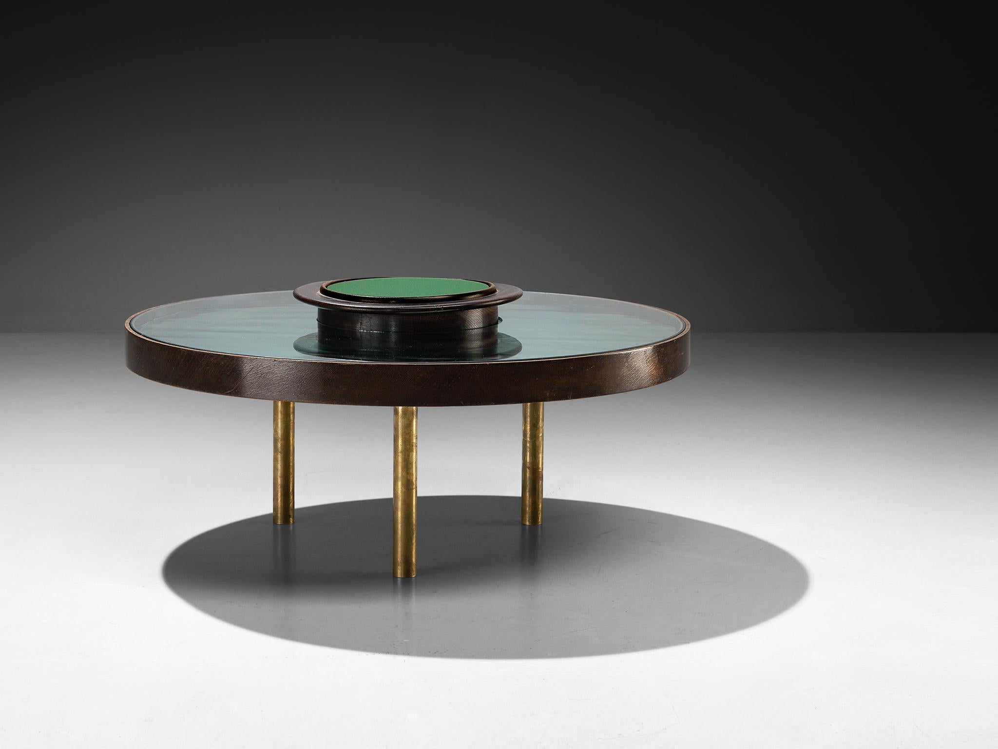italien Table basse Luigi Fontana & C. des années 1930 en verre cristal, chêne et laiton en vente