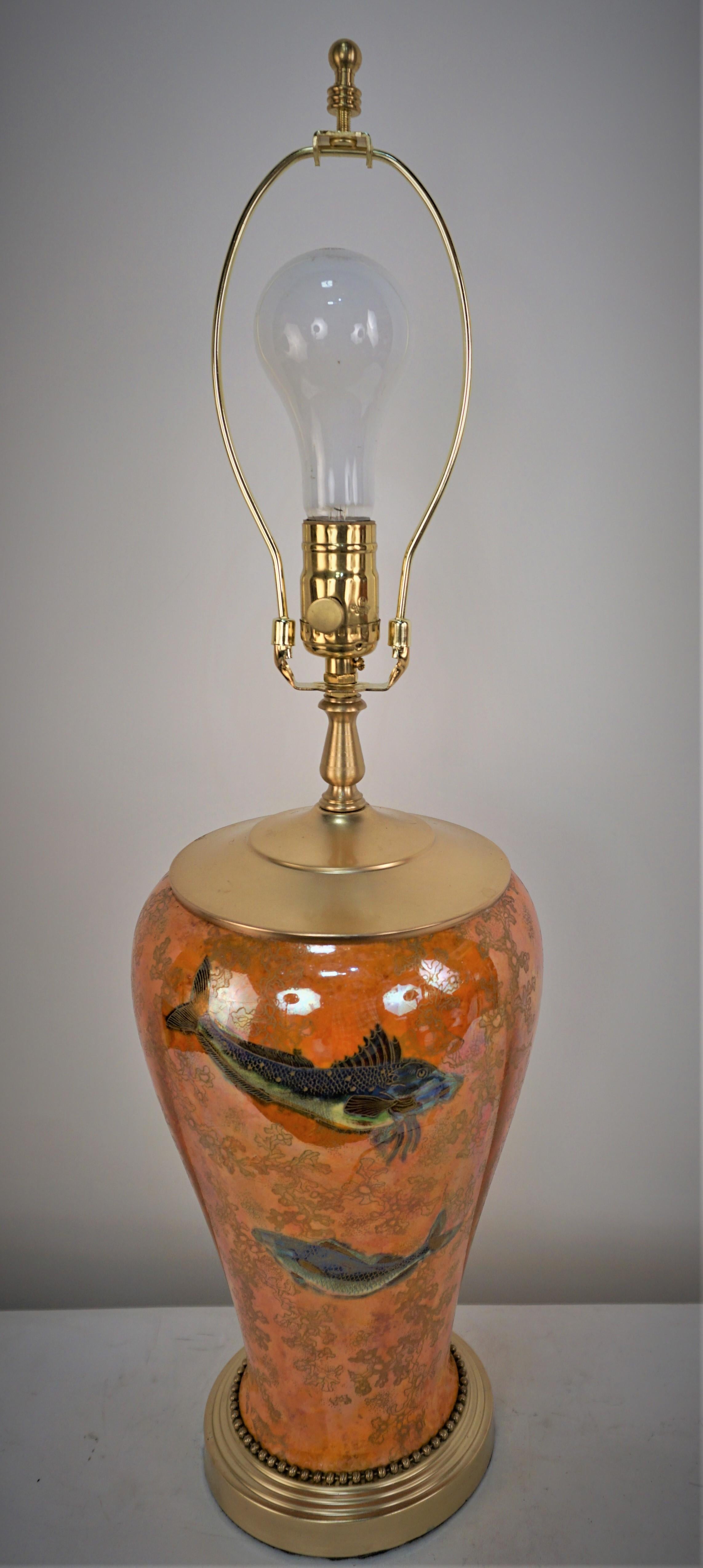 1930's Lustre Porcelain Fish Design Table lamp In Good Condition For Sale In Fairfax, VA