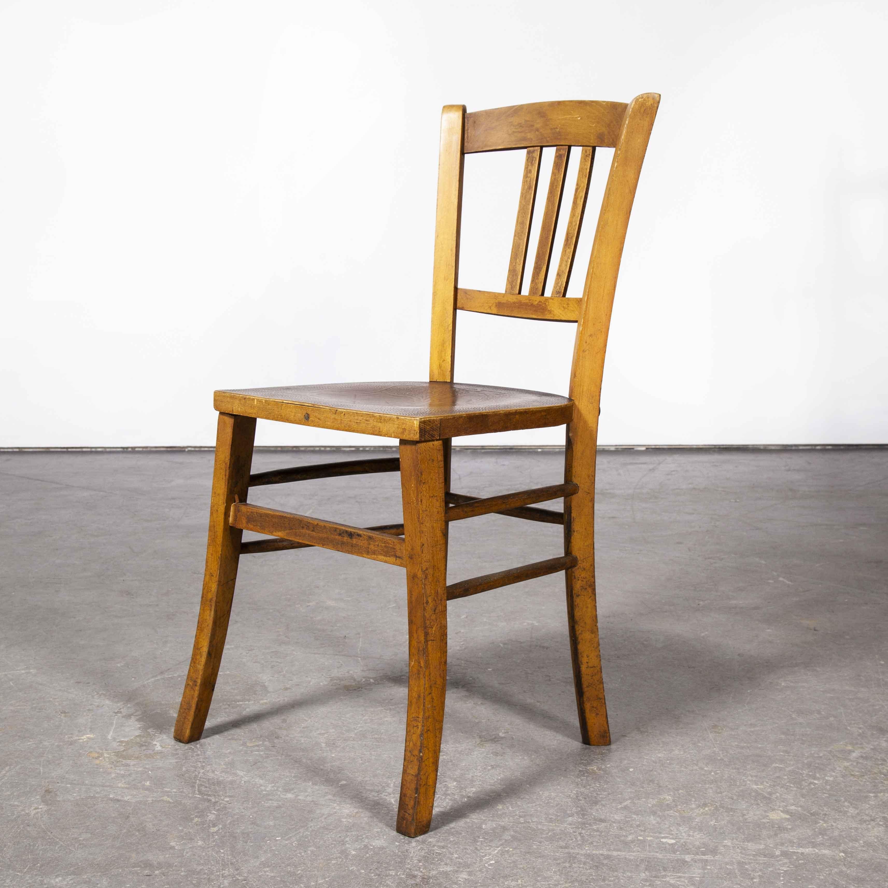 1930’s Luterma embossed seat bentwood dining chair – various quantities available

1930’s Luterma embossed seat bentwood dining chair – various quantities available. The process of steam bending beech to create elegant chairs was discovered and