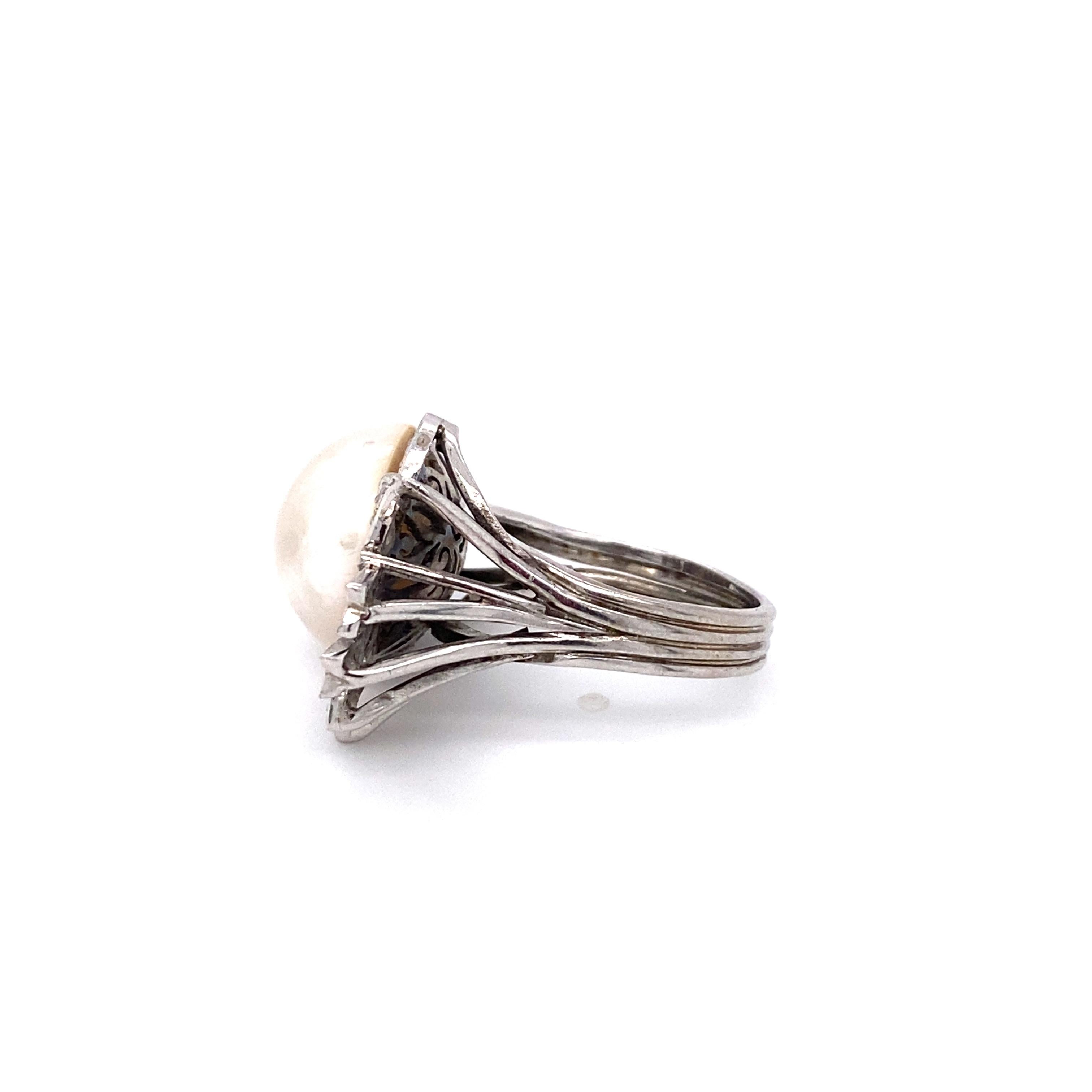 Art Deco 1930s Mabe Pearl and Diamond Ring in Platinum and 14 Karat White Gold