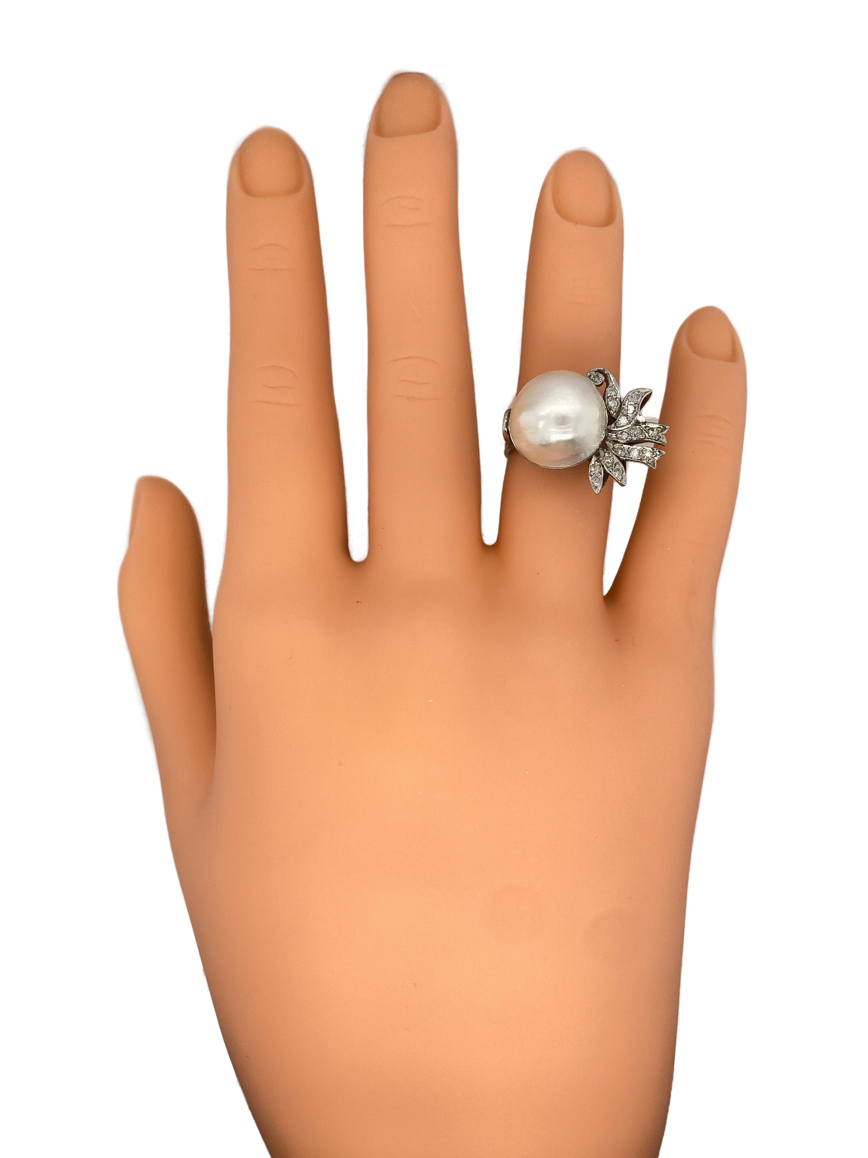 Women's 1930s Mabe Pearl and Diamond Ring in Platinum and 14 Karat White Gold