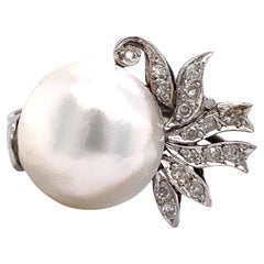 1930s Mabe Pearl and Diamond Ring in Platinum and 14 Karat White Gold