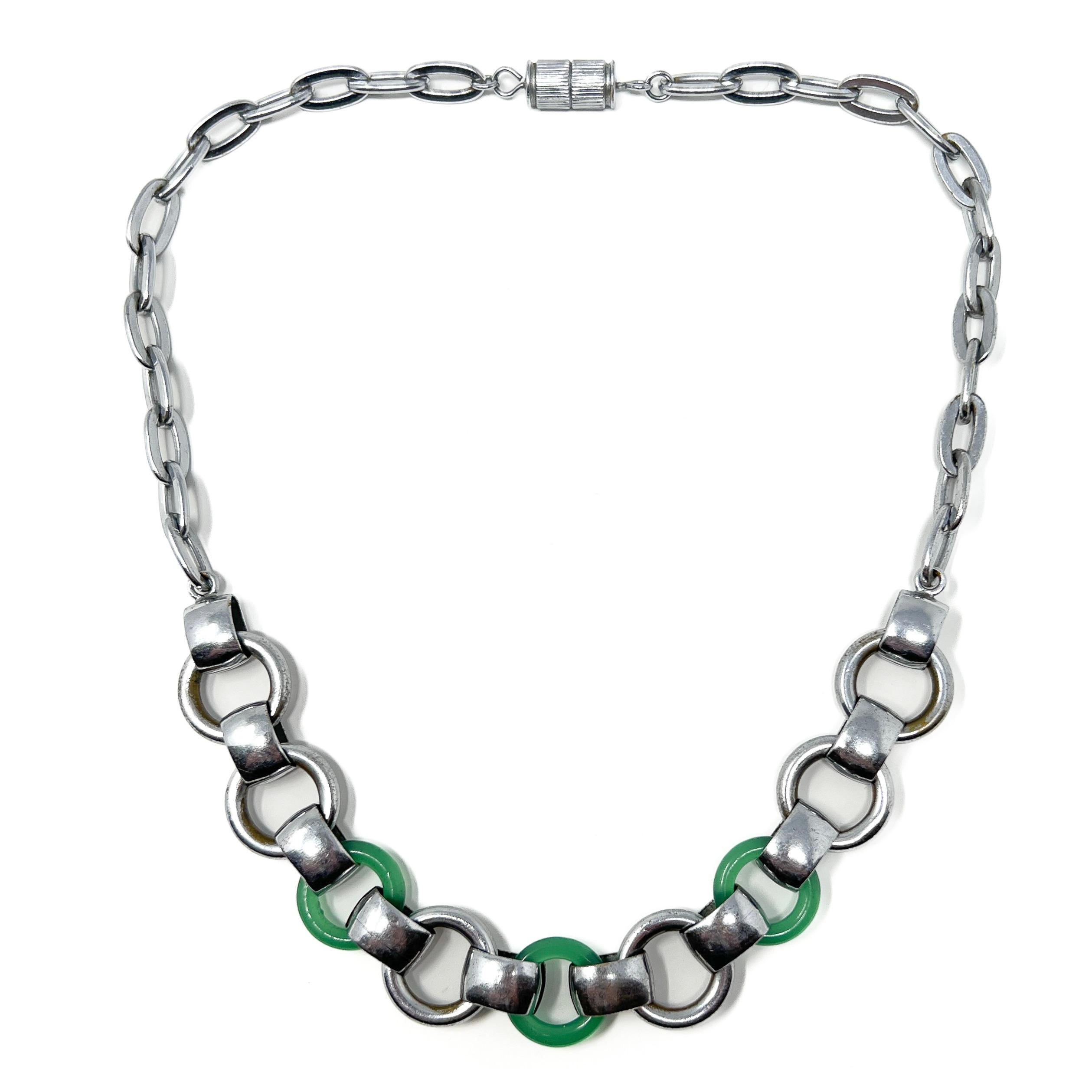Women's 1930s Machine Age Chrome Plate and Green Glass Vintage Chain Necklace For Sale
