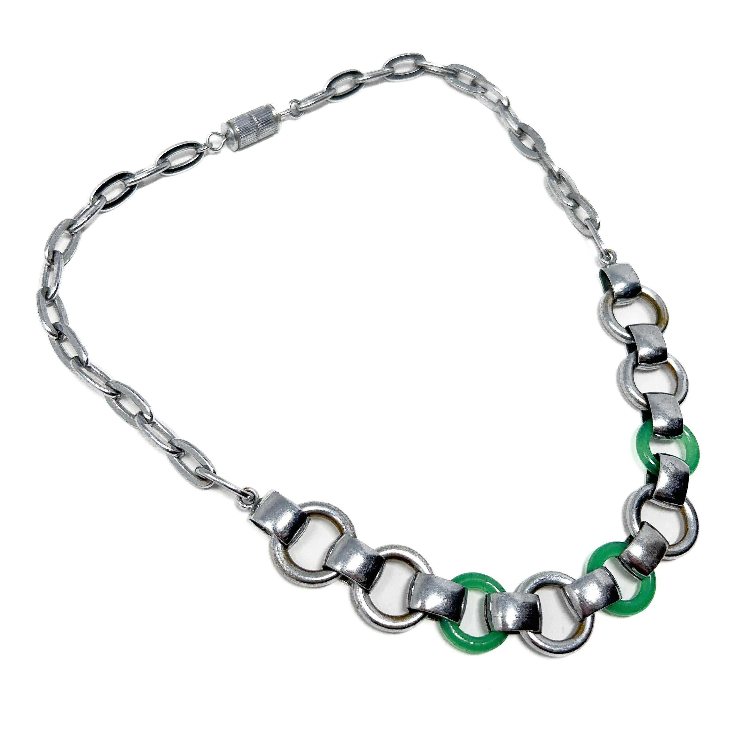 1930s Machine Age Chrome Plate and Green Glass Vintage Chain Necklace For Sale 1