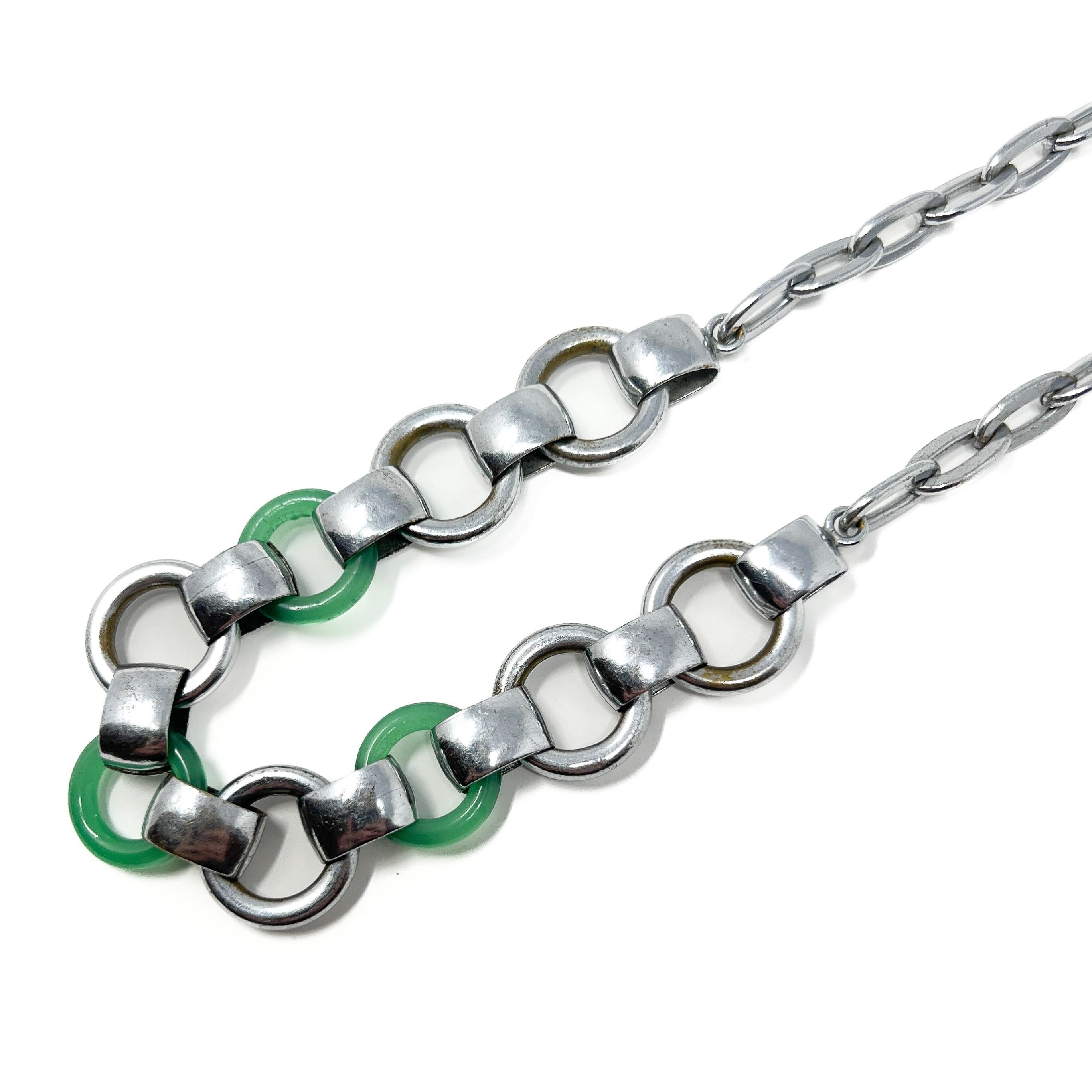 1930s Machine Age Chrome Plate and Green Glass Vintage Chain Necklace For Sale 3
