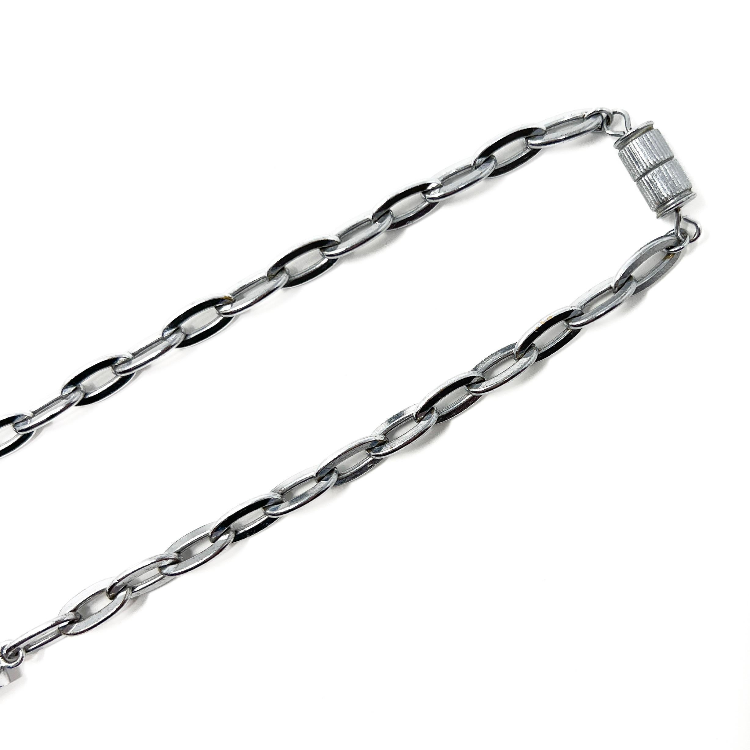 1930s Machine Age Chrome Plate and Green Glass Vintage Chain Necklace For Sale 4